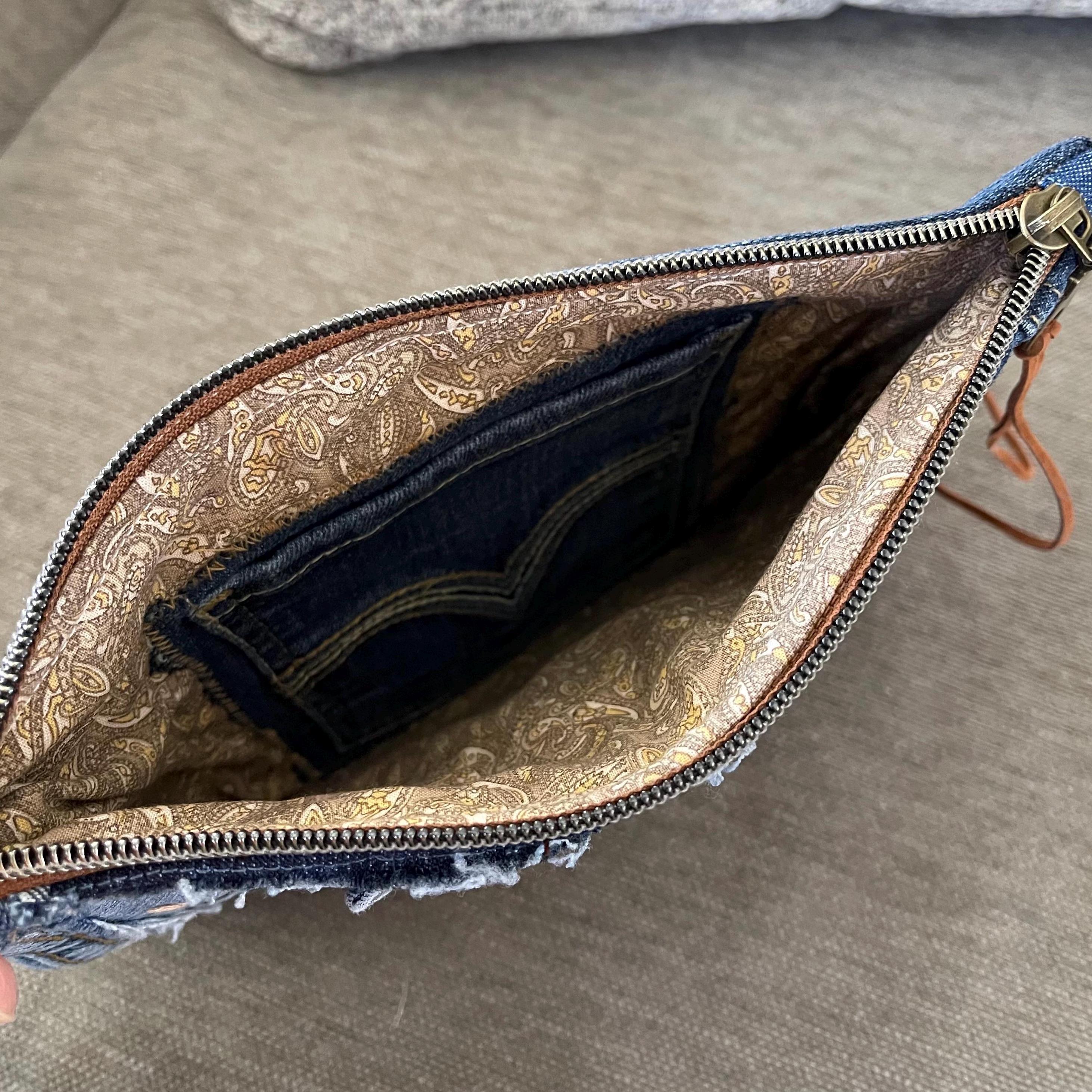 Boho Denim Patchwork Clutch Wristlet: Upcycled Jeans, Inside Pocket