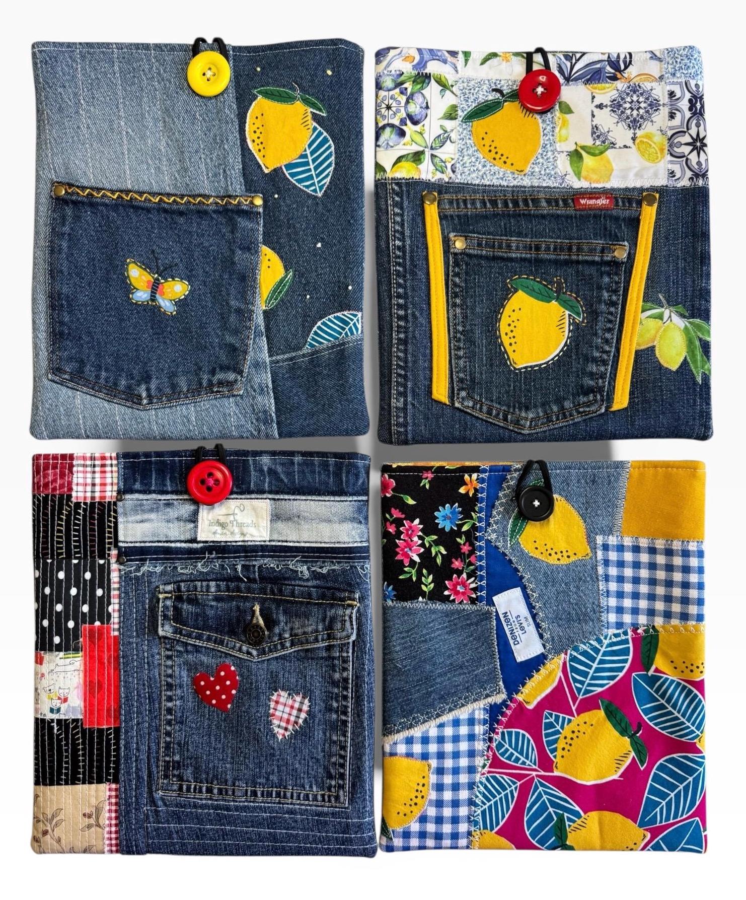 Large Quilted Denim Sleeve | Book, iPad, Tablet Organizer | Handmade Patchwork Bag (9x11)