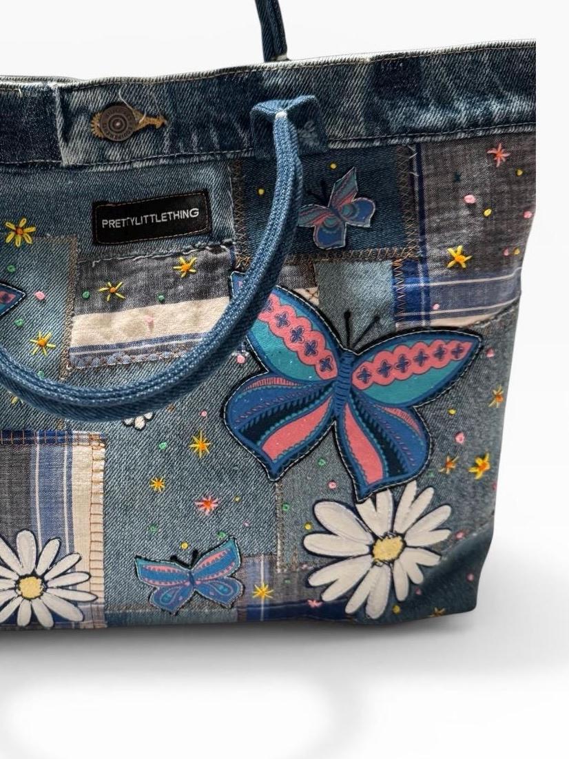 Patchwork Denim Butterfly Tote Bag – Upcycled Jeans Handbag, Floral Applique Purse