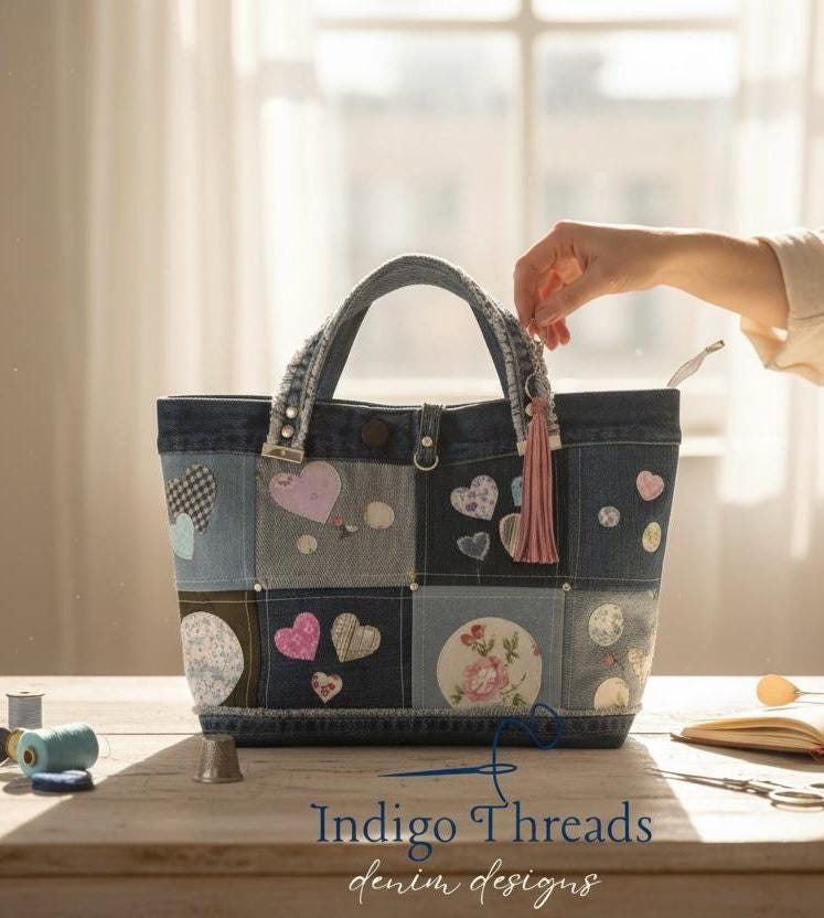 Patchwork Denim Tote Bag, Upcycled Jeans Heart Appliqué Purse, Boho Handbag