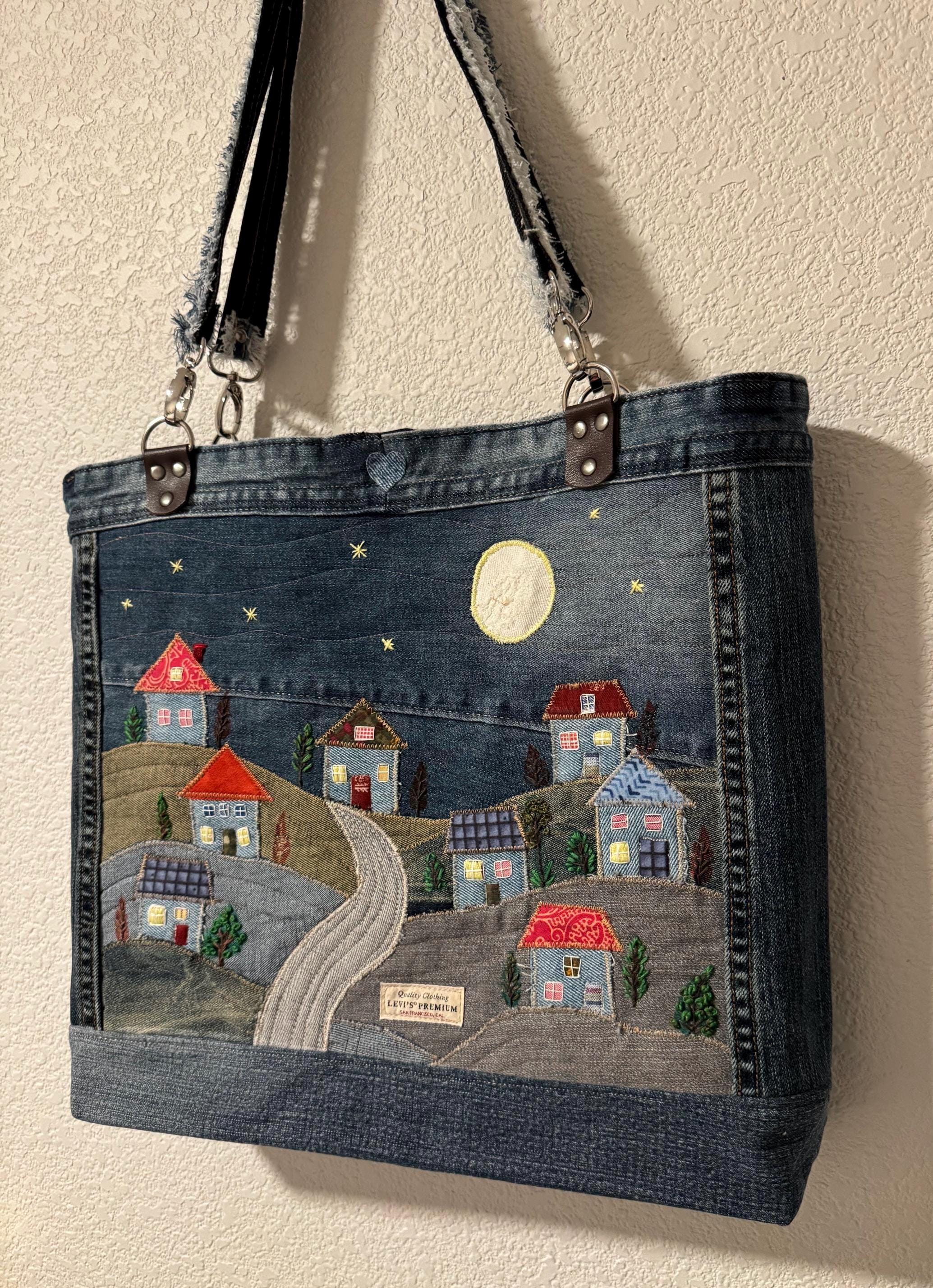 Denim Tote Bag-Handmade One-of-a-Kind  — “Moonlight Village” Patchwork Design by Indigo Threads