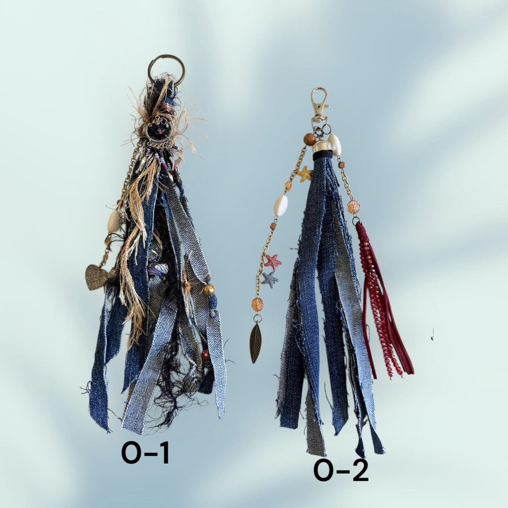 Boho Denim Tassel Charm: Handmade Crystal & Bead Bag Accessory