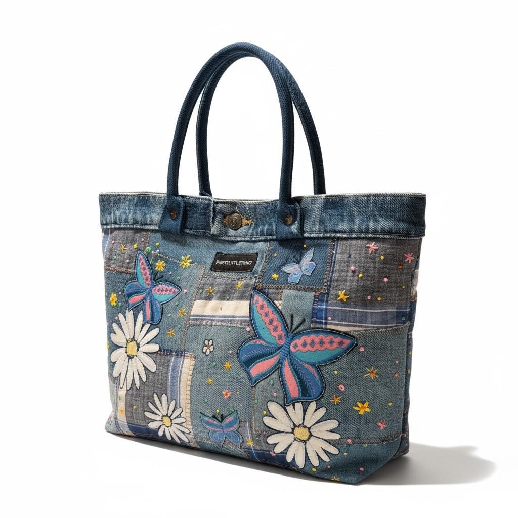 Patchwork Denim Butterfly Tote Bag – Upcycled Jeans Handbag, Floral Applique Purse