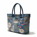 Patchwork Denim Butterfly Tote Bag – Upcycled Jeans Handbag, Floral Applique Purse