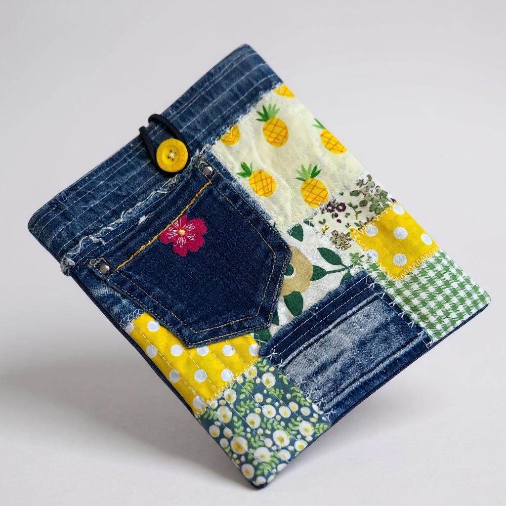 Upcycled Denim Kindle Sleeve | Quilted E-Reader Pouch (7x8")