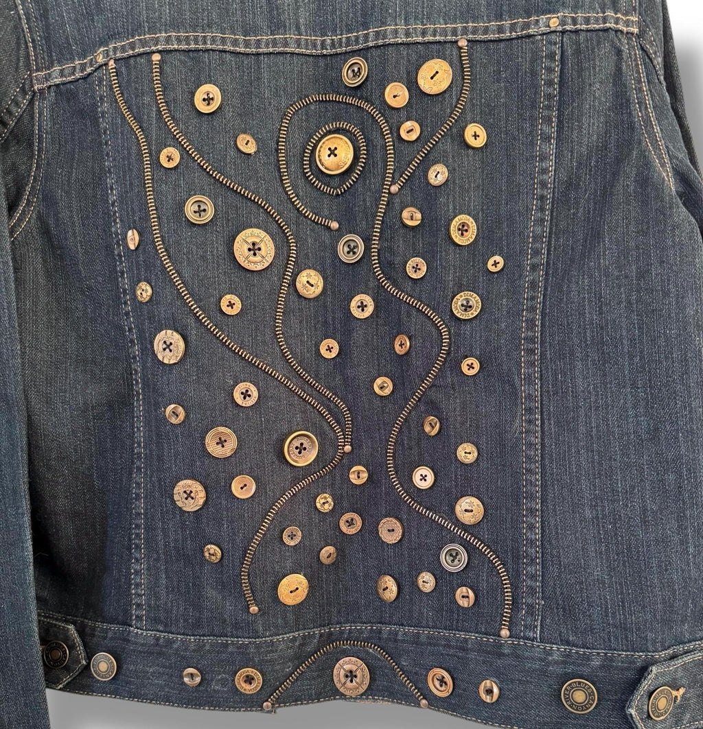 Upcycled Denim Jacket – One-of-a-Kind Wearable Art with Button & Zipper Design | Size Large