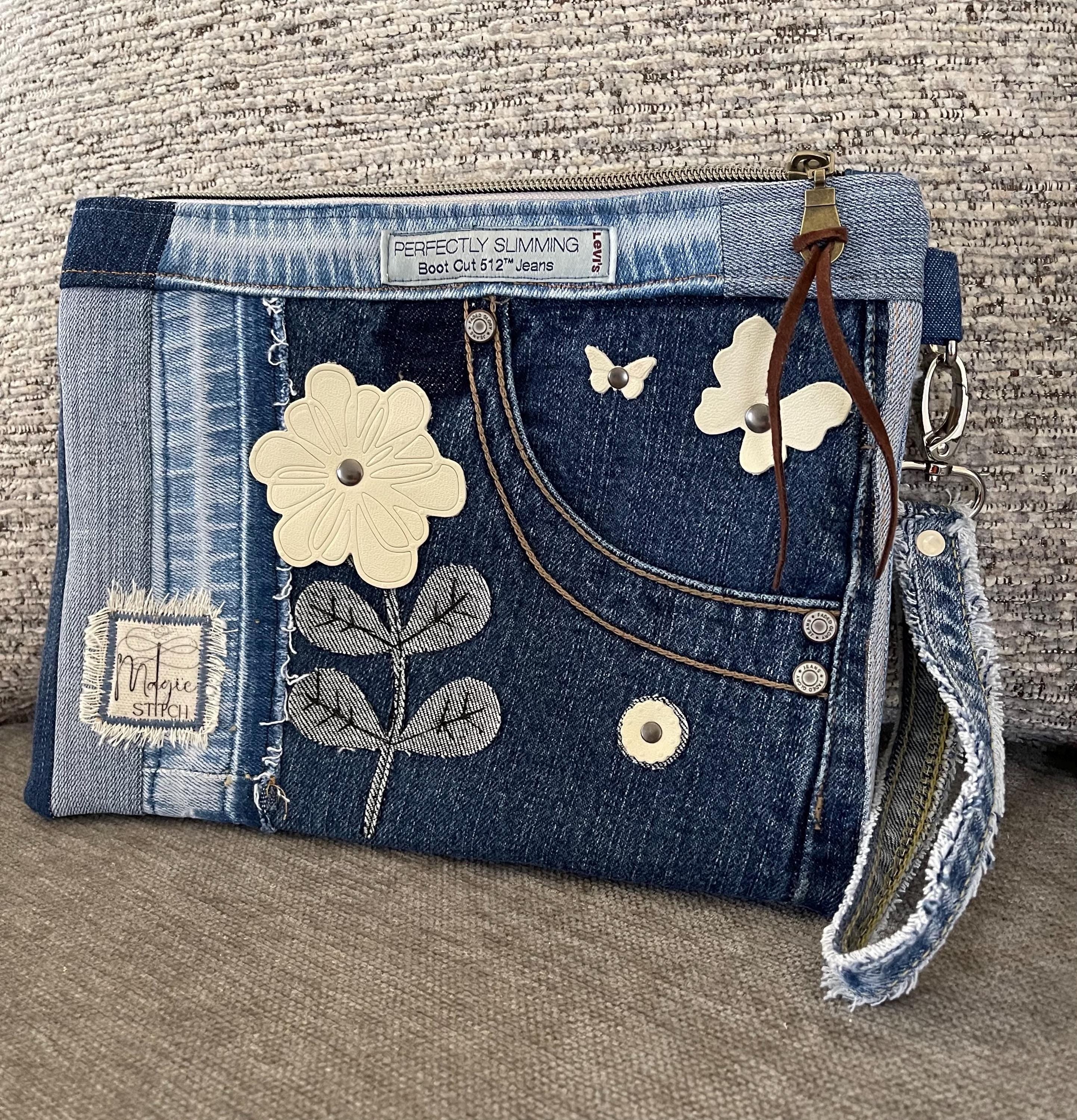 Unique bohemian handbag One-of-a-Kind Denim Patchwork Clutch with removable Wrist Handle