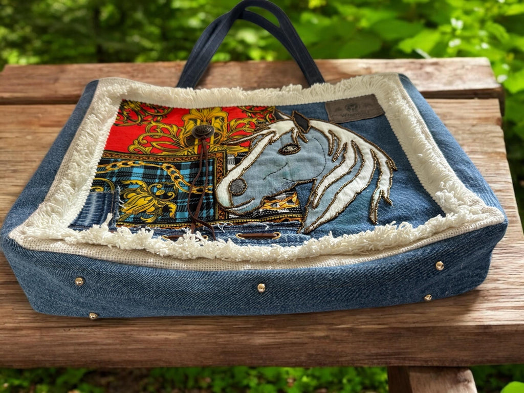 Denim patchwork large beaded embroidery shoulder bag-tote bag upcycled jeans boho chic bag
