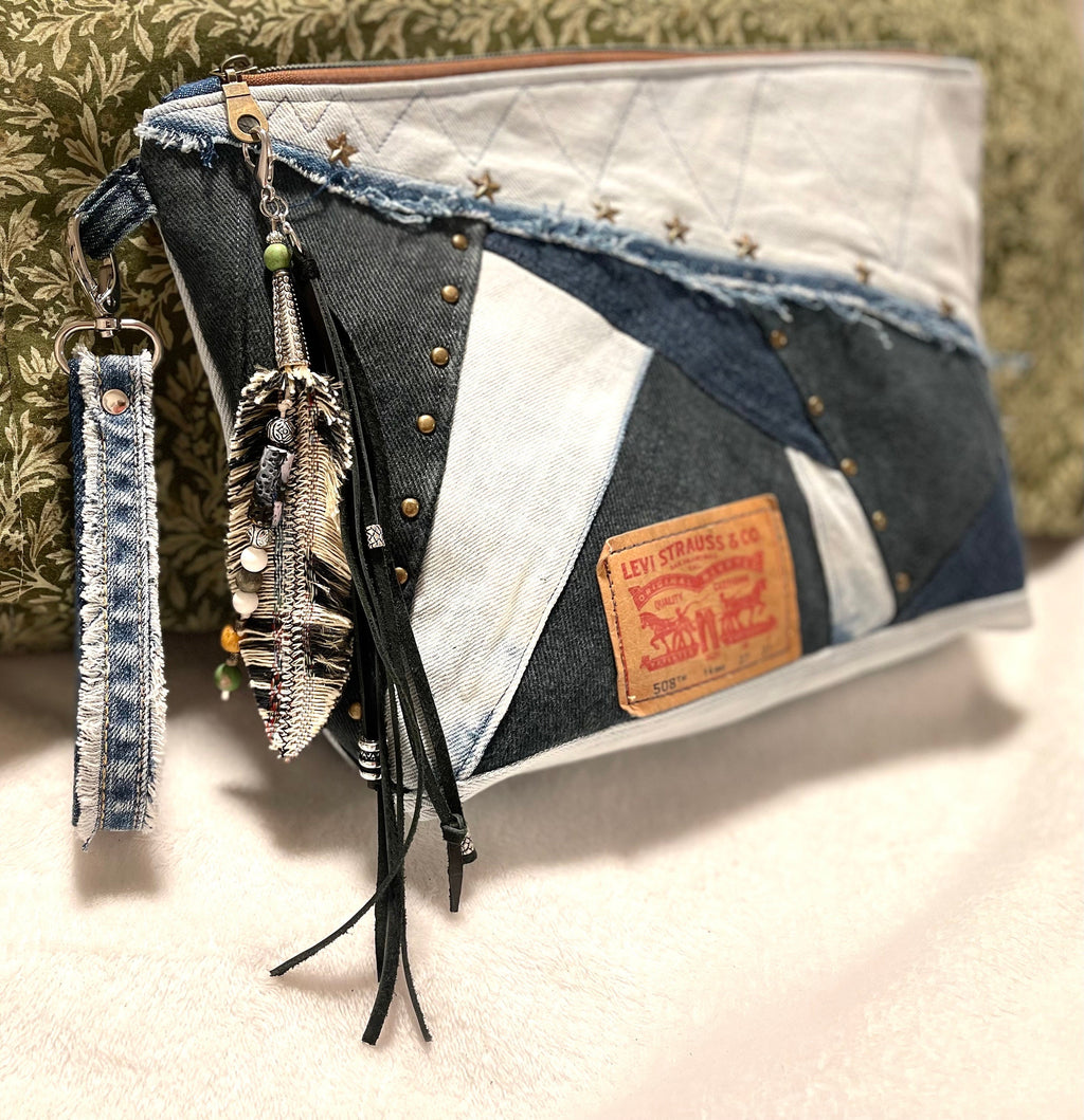 Upcycled Denim Patchwork Handbag, Boho Tassel Clutch