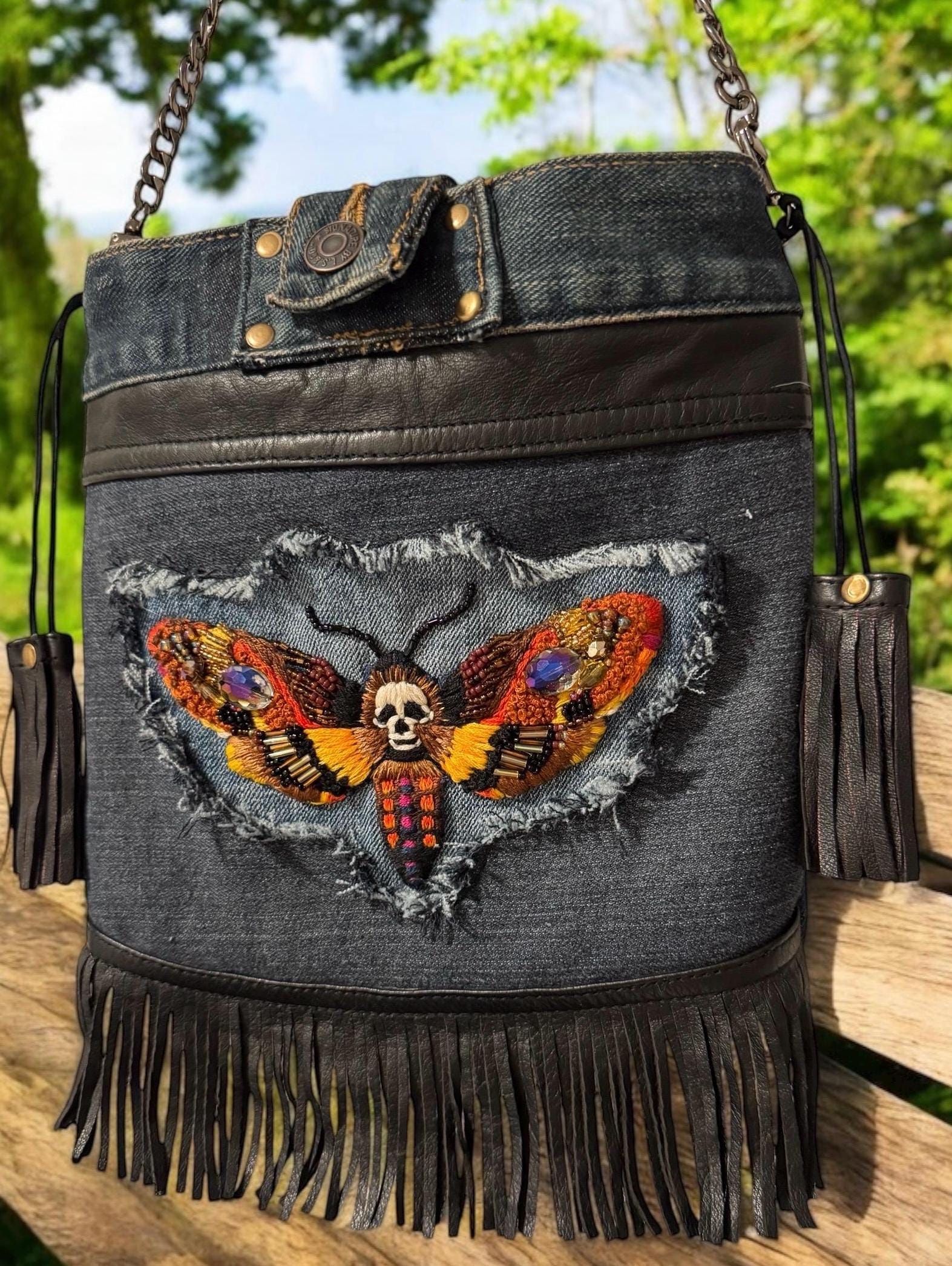Handmade Denim Crossbody Bag – Embroidered Death Moth, Leather Fringe