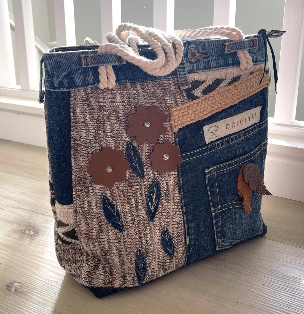 Denim & Textured Knit Upcycled Shoulder Bag | Eco-Friendly, Handmade, One-of-a-Kind Tote bag
