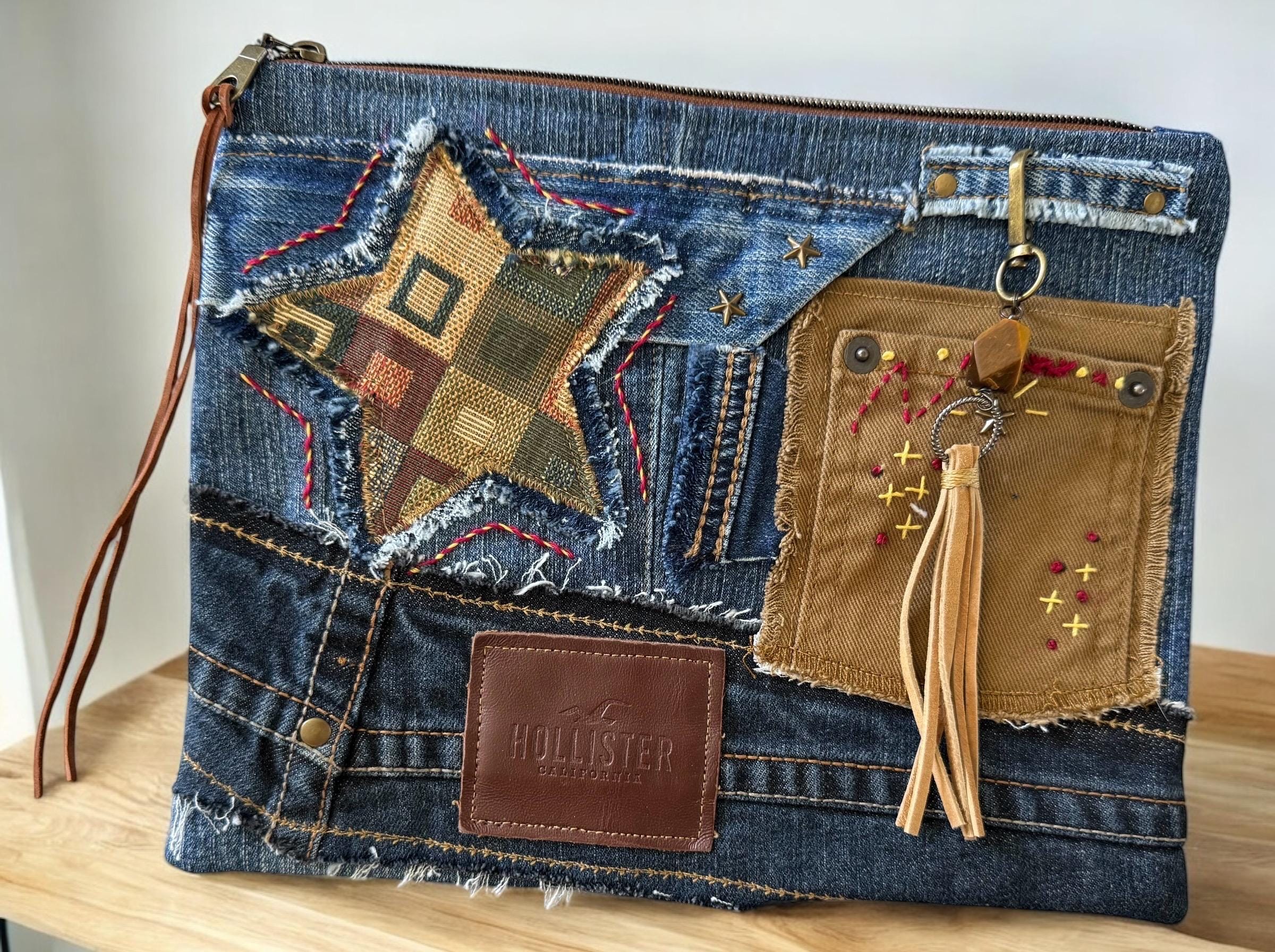 Handmade Upcycled Denim Clutch: Embroidered Star Patchwork Bag