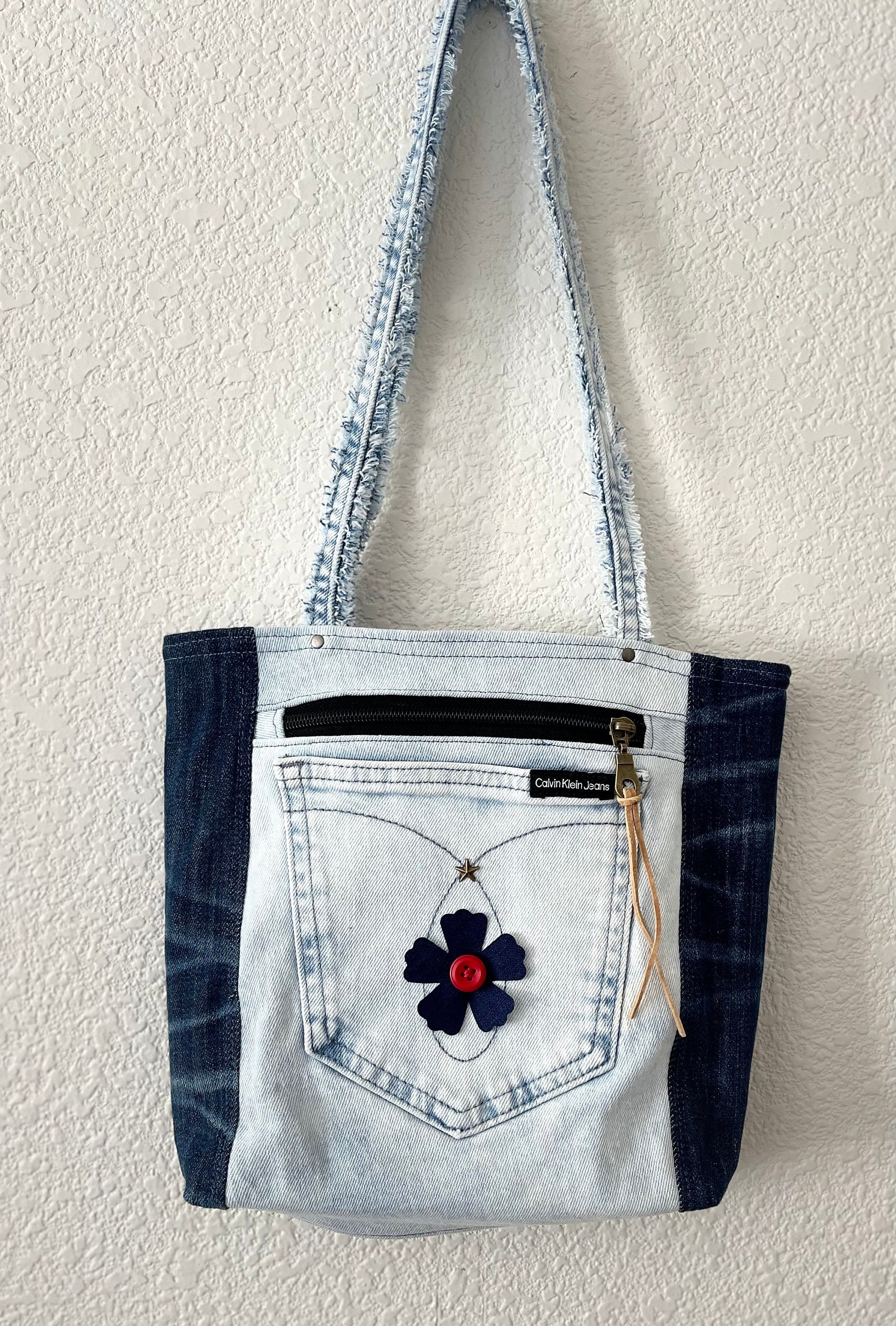 Denim Patchwork & Sachiko hand, embroidery,  Shoulder Bag - Upcycled Jeans