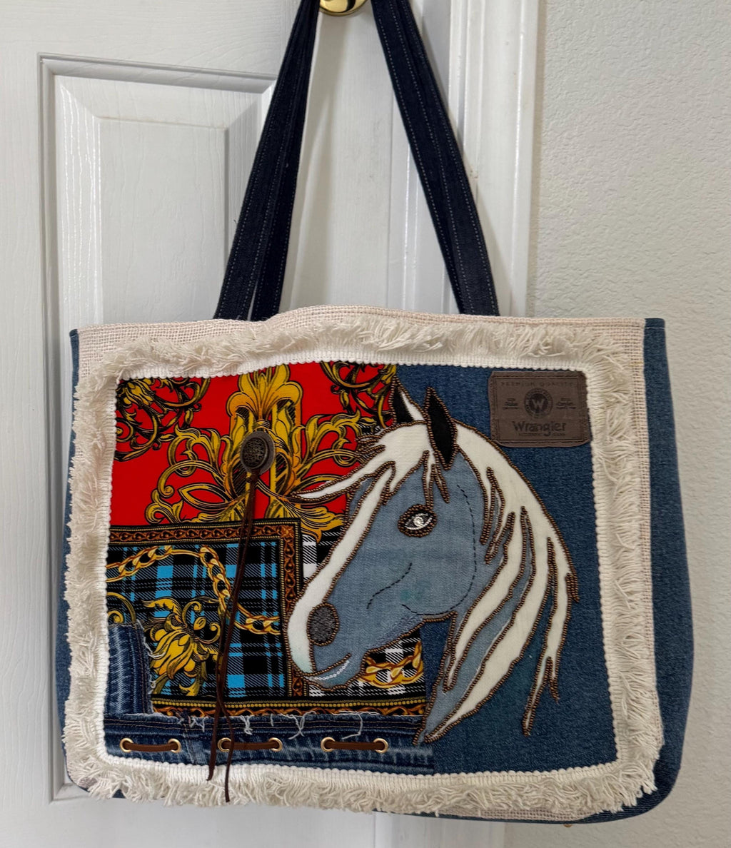 Denim patchwork large beaded embroidery shoulder bag-tote bag upcycled jeans boho chic bag