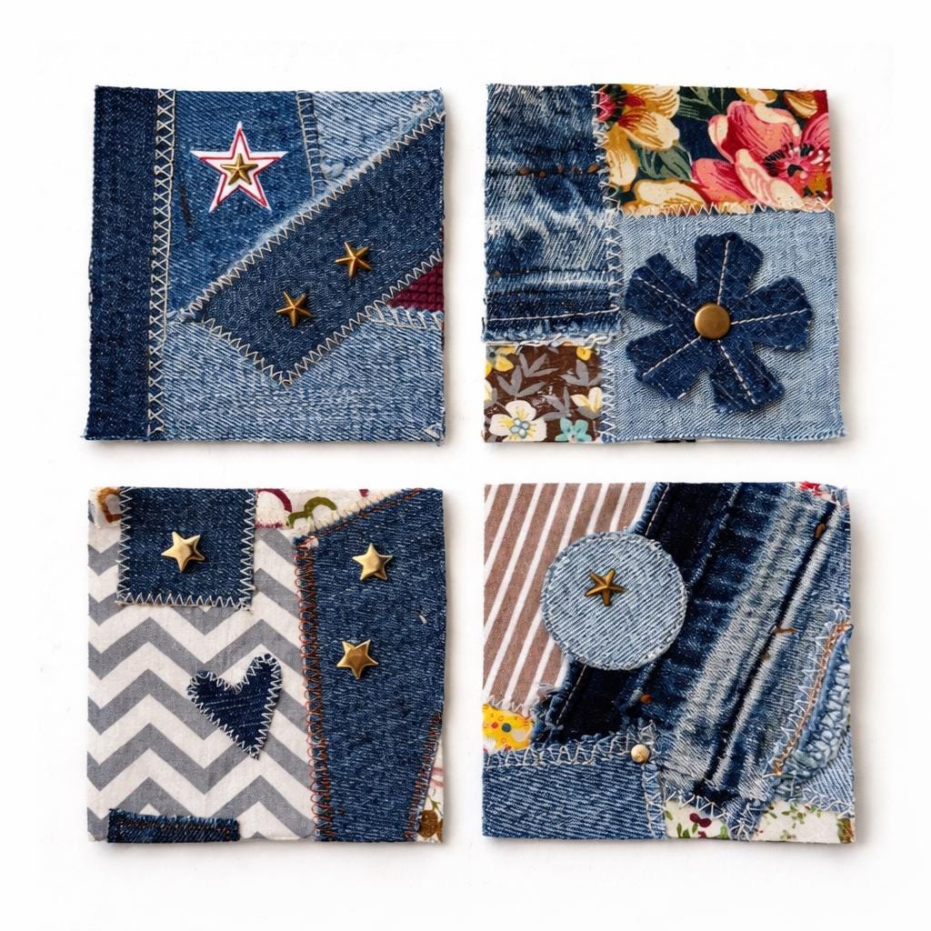 Upcycled Denim Patchwork Sew-On Patches – Rustic Boho Fabric Appliqué Set