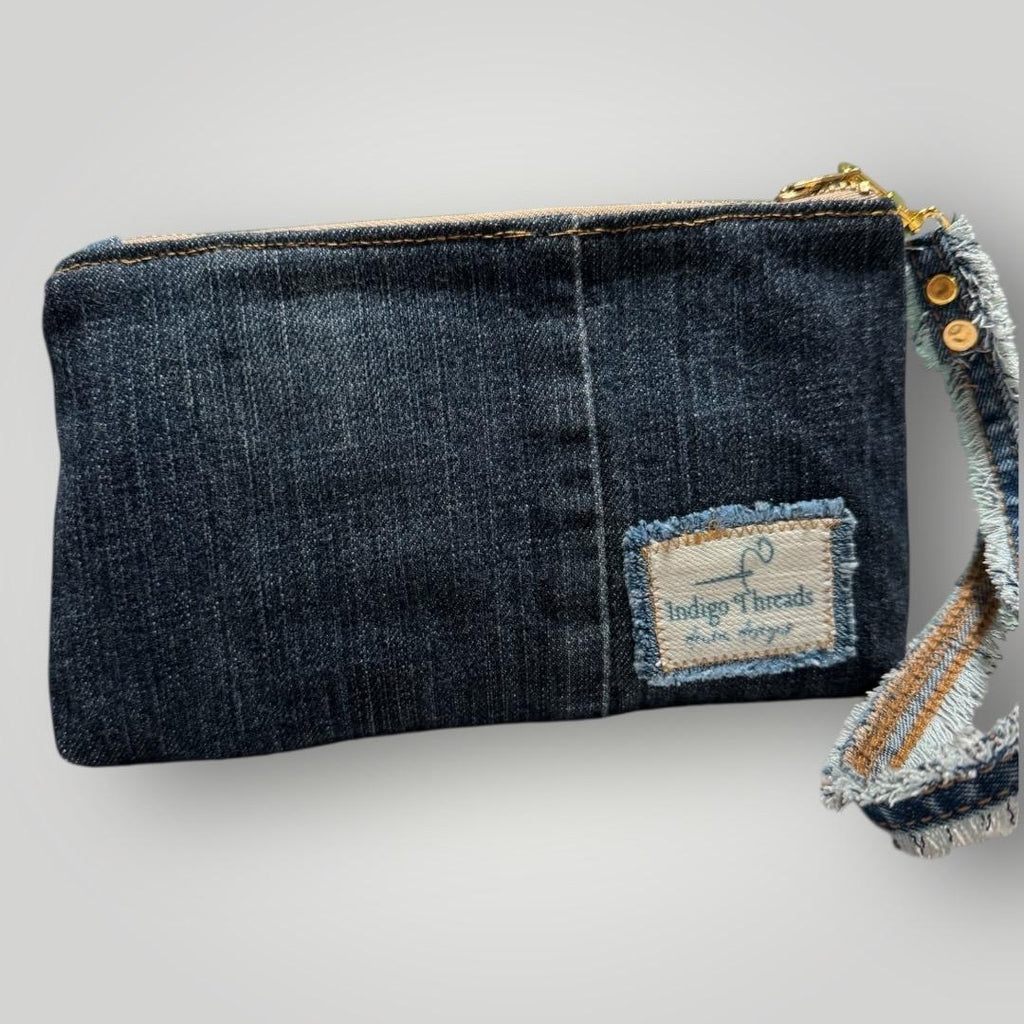 One-of-a-Kind Denim Patchwork Wristlet Clutch – Handmade Wallet, 7.5”x5”, Zipper Closure, 3 Card Slots