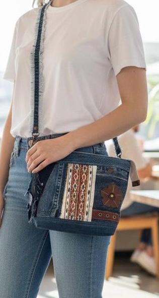 Upcycled Denim Crossbody Bag | Patchwork Boho Western Purse with Leather Flower