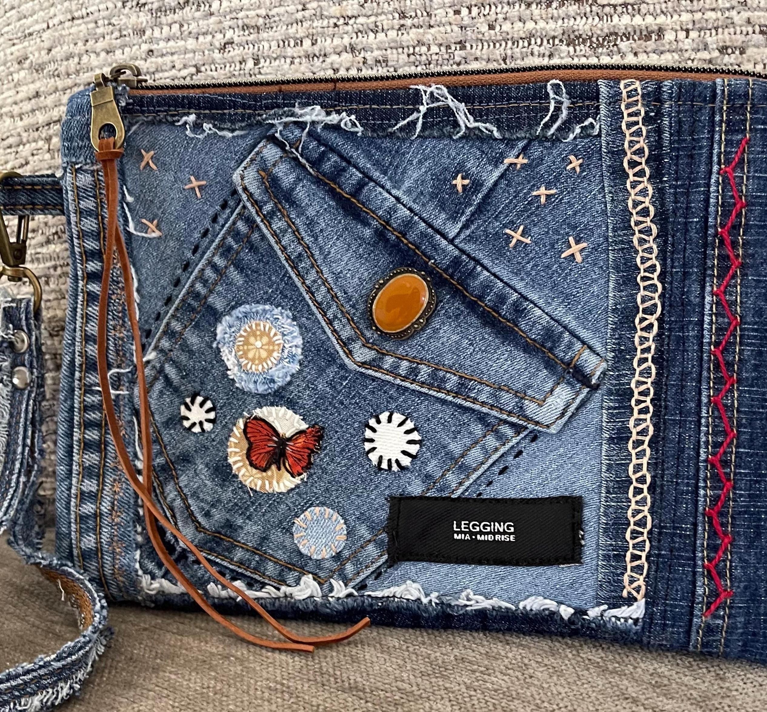 Boho Denim Patchwork Clutch Wristlet: Upcycled Jeans, Inside Pocket