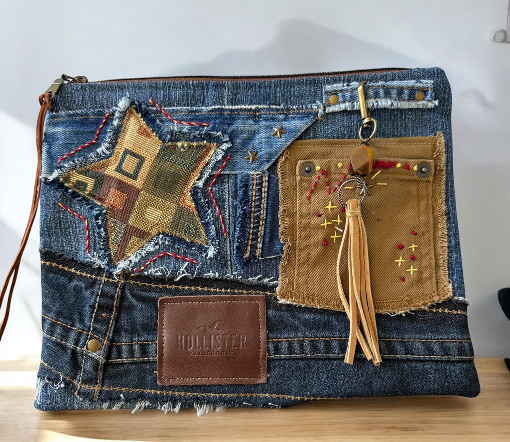 Handmade Upcycled Denim Clutch: Embroidered Star Patchwork Bag