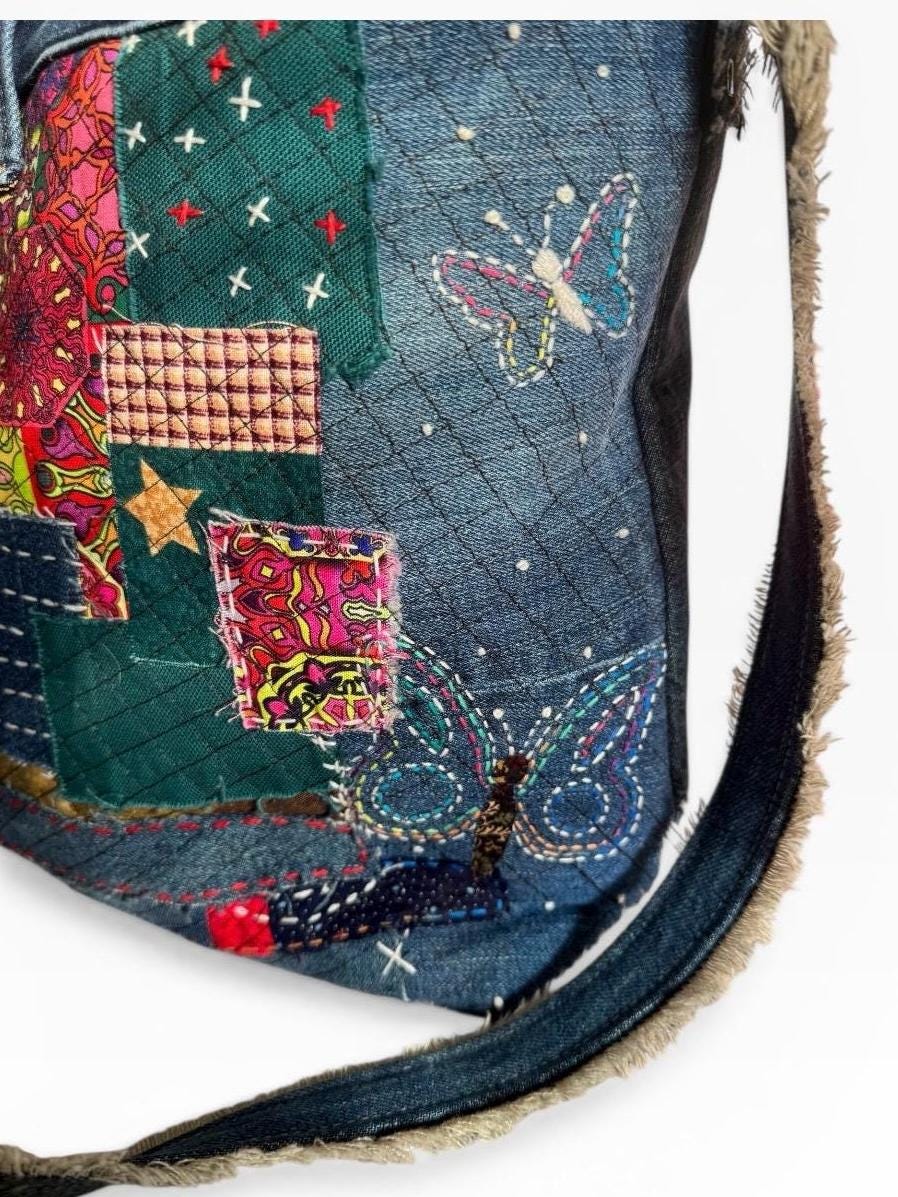 Upcycled Denim Patchwork Crossbody Bag | Sashiko Boro Inspired Boho Purse