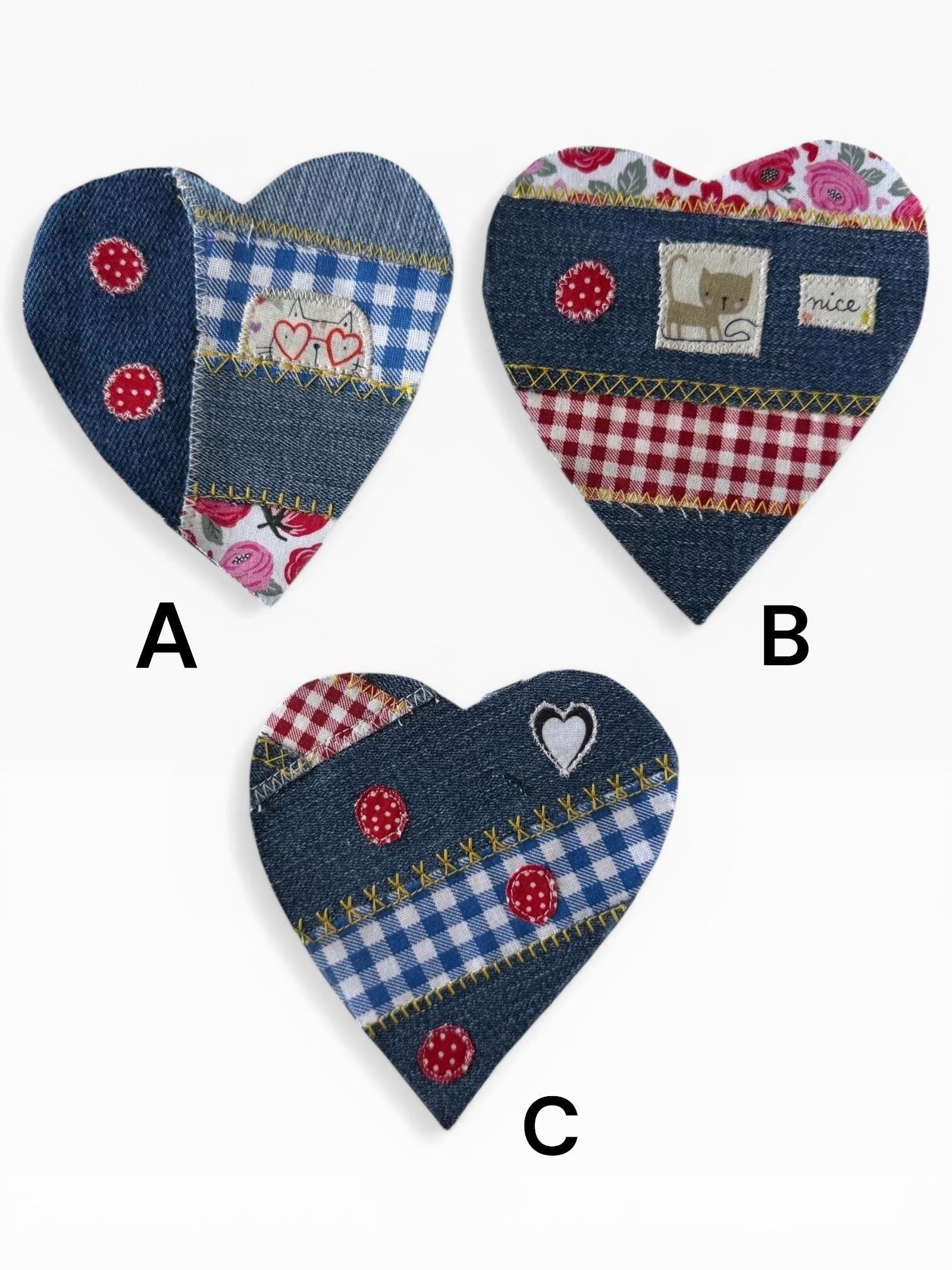 Handmade Denim Heart Patches – Upcycled Patchwork Appliqué for Jackets, Jeans, Bags