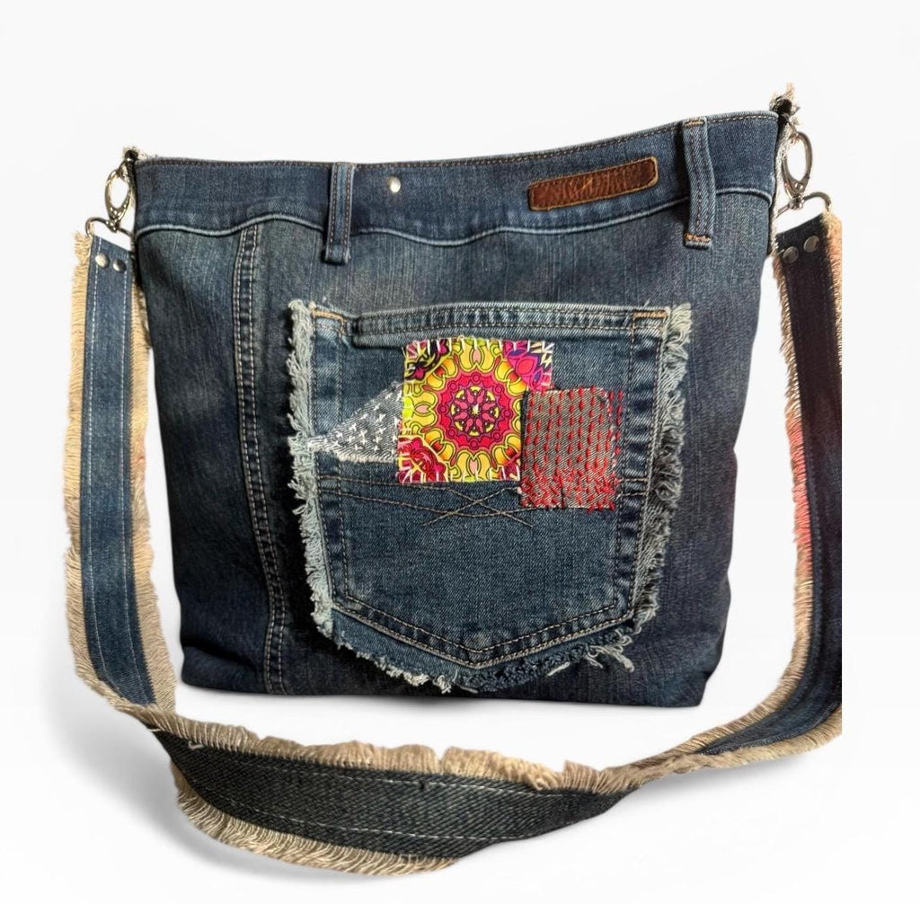 Upcycled Denim Patchwork Crossbody Bag | Sashiko Boro Inspired Boho Purse