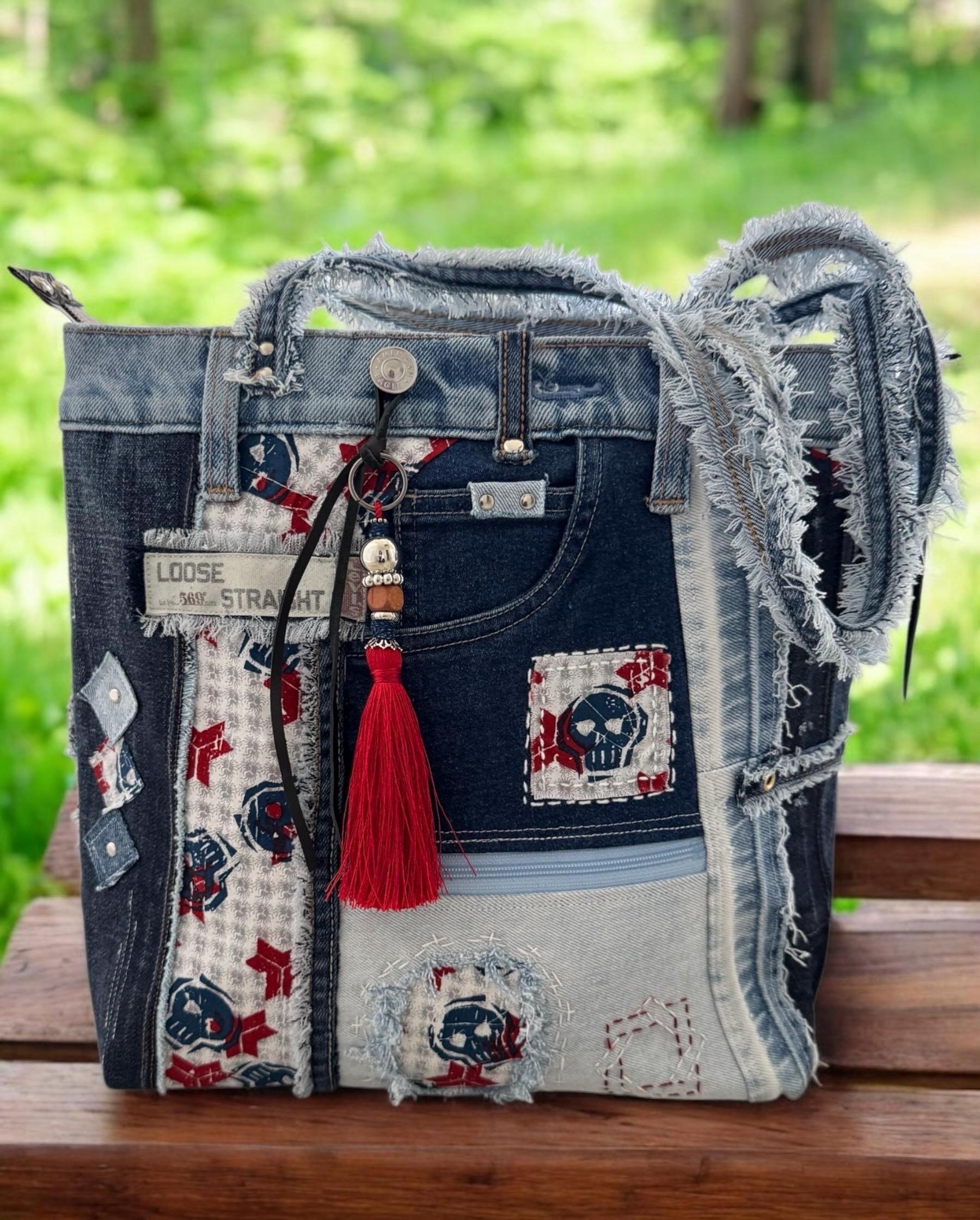 Upcycled Denim Tote: Handmade Skull Patchwork Shoulder Bag