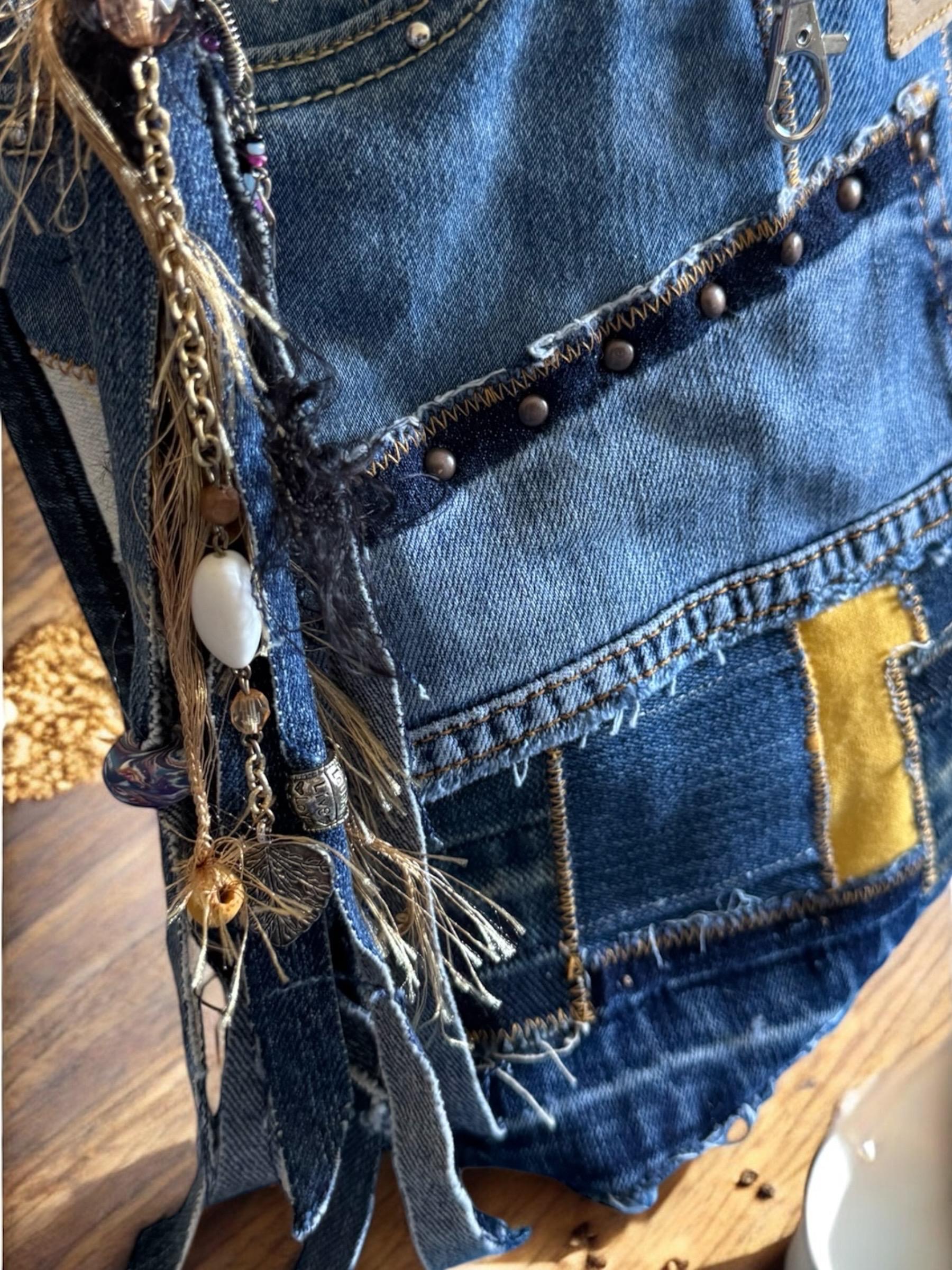 Boho Denim Tassel Charm: Handmade Crystal & Bead Bag Accessory
