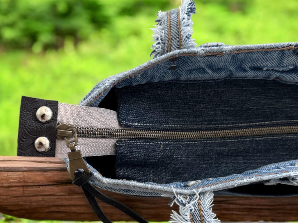 Upcycled Denim Tote: Handmade Skull Patchwork Shoulder Bag