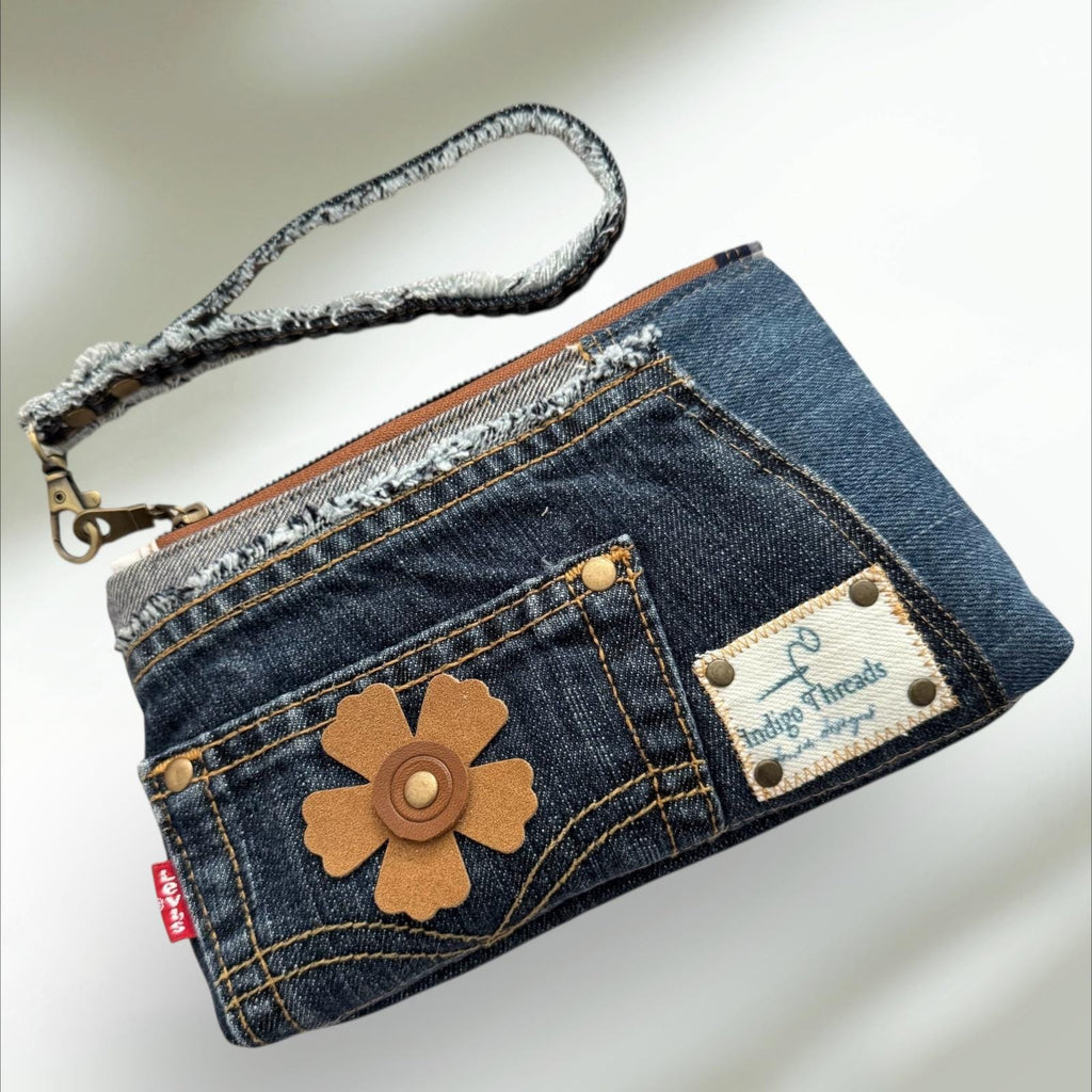 One-of-a-Kind Denim Patchwork Wristlet Clutch – Handmade Wallet, 7.5”x5”, Zipper Closure, 3 Card Slots