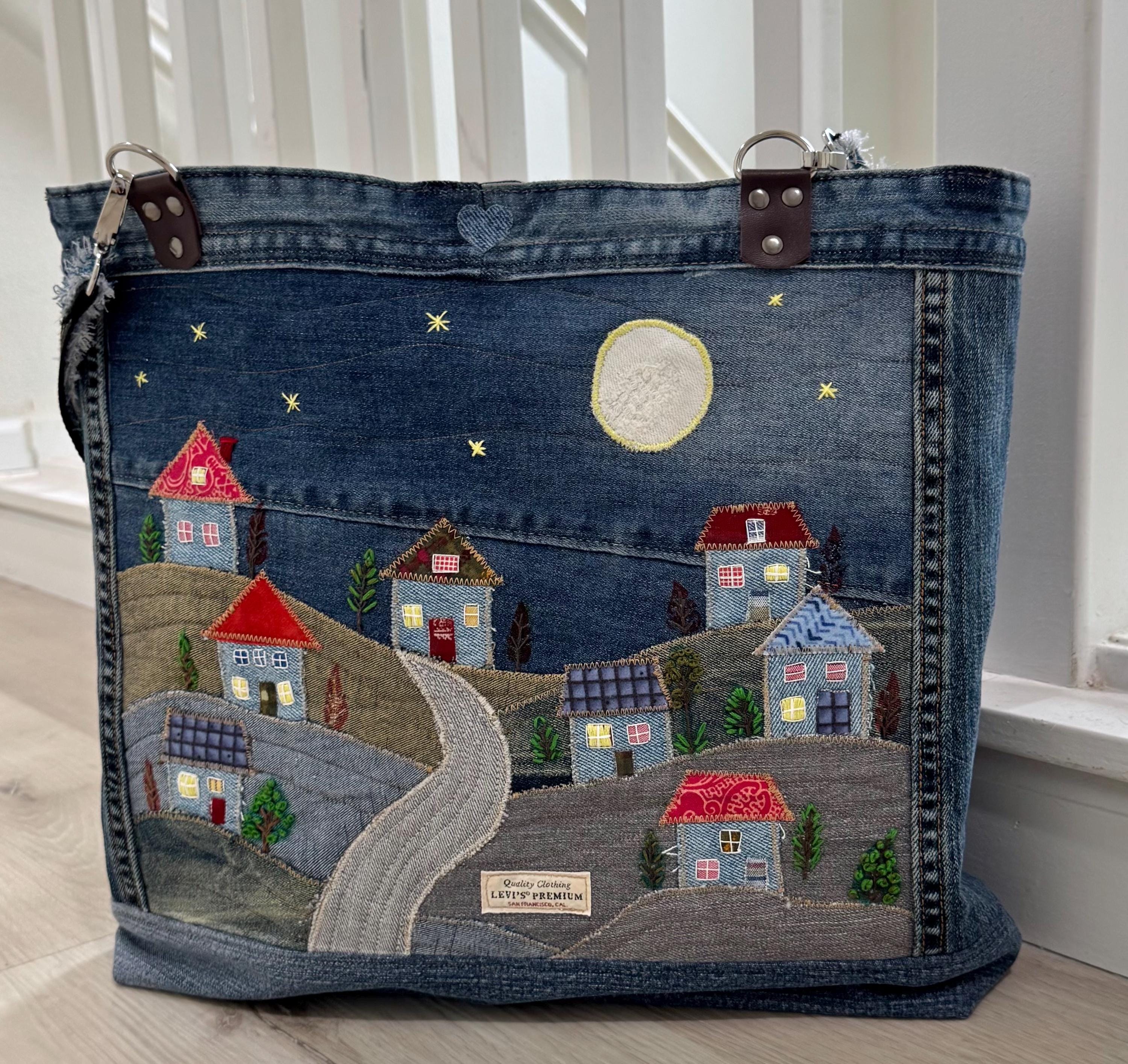 Denim Tote Bag-Handmade One-of-a-Kind  — “Moonlight Village” Patchwork Design by Indigo Threads