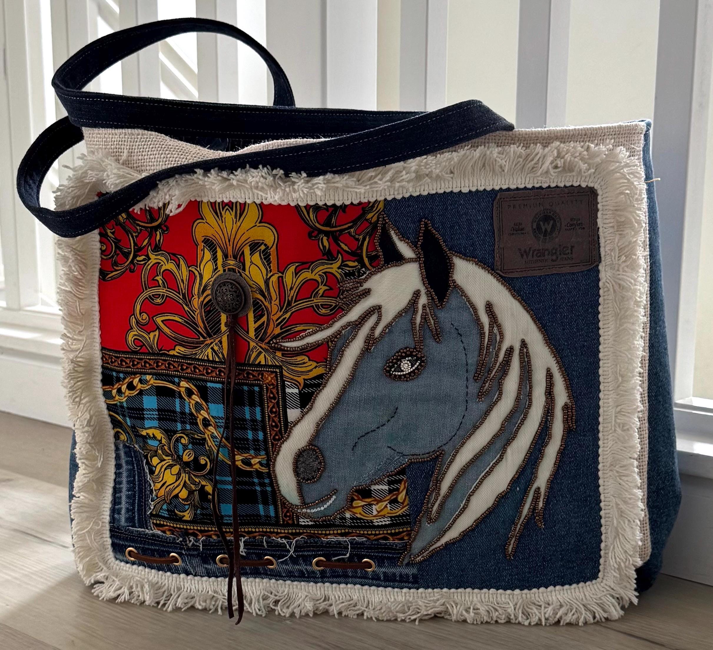 Denim patchwork large beaded embroidery shoulder bag-tote bag upcycled jeans boho chic bag