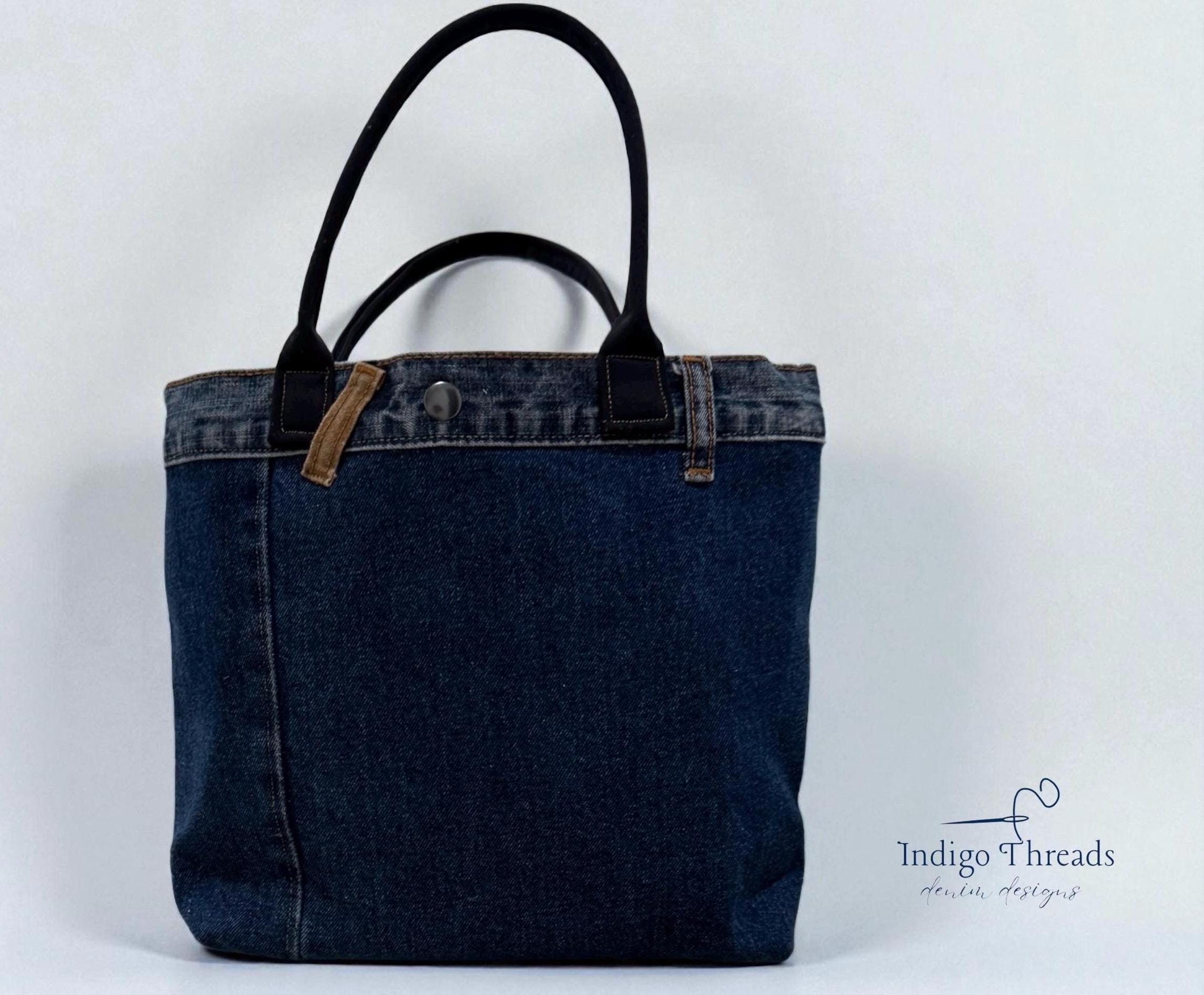 Distressed Denim Tote Bag with Hand & Machine Embroidery-Upcycled-One-of-a-Kind