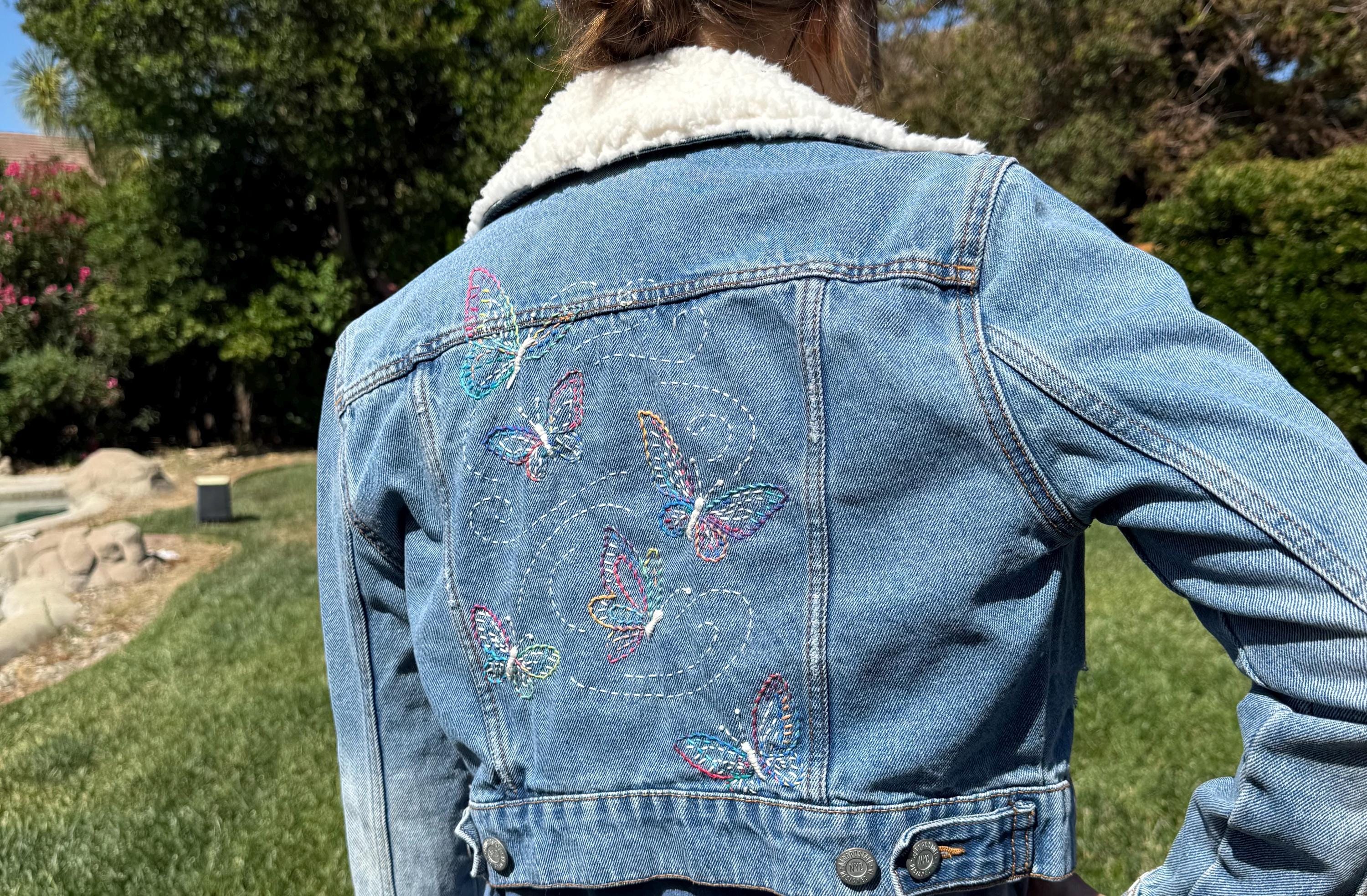 Cropped butterfly Hand-Embroidered Denim Jacket with Sherpa Collar – Small