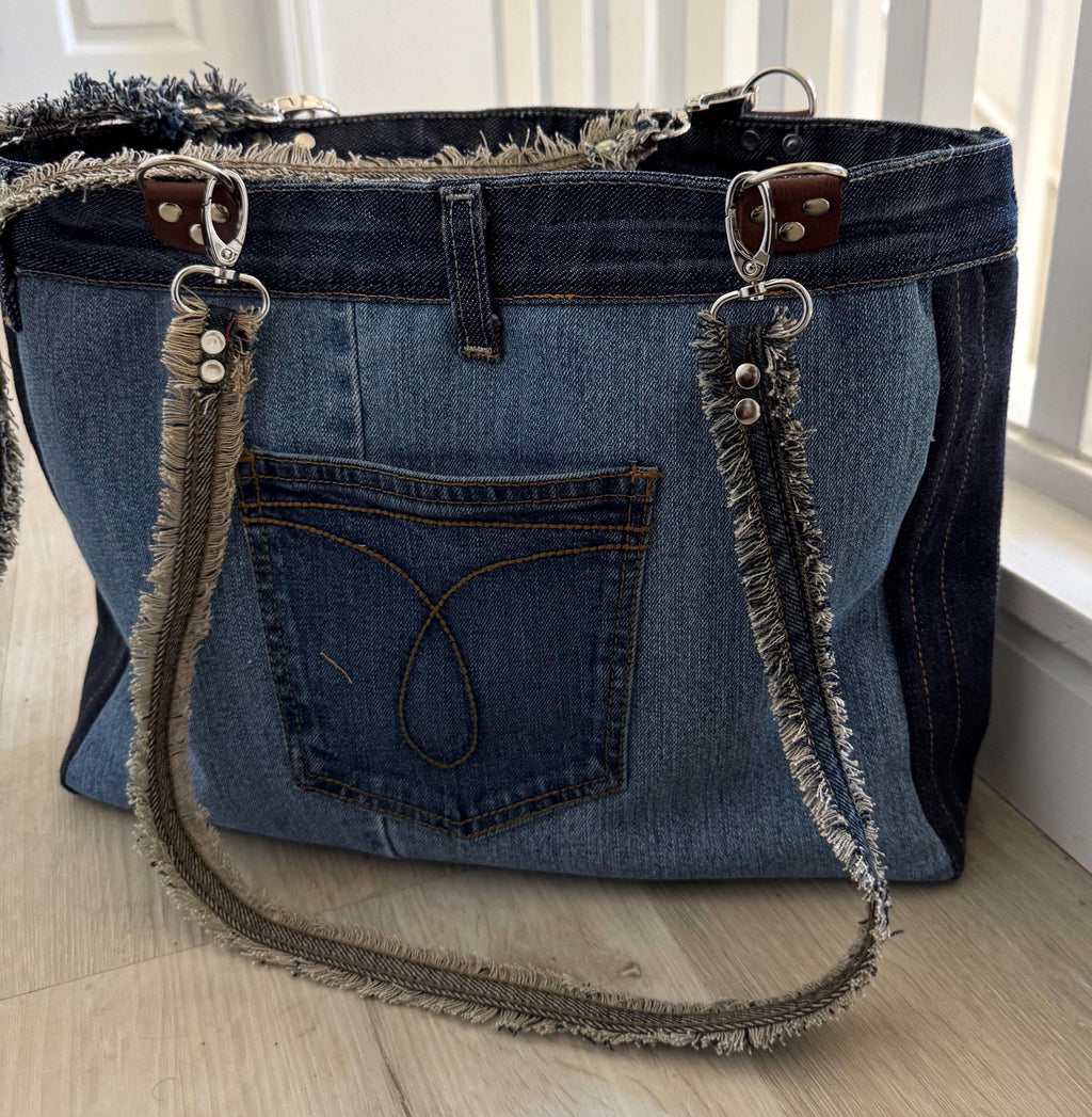 Embroidered Floral Denim Shoulder Bag: Upcycled Patchwork Tote