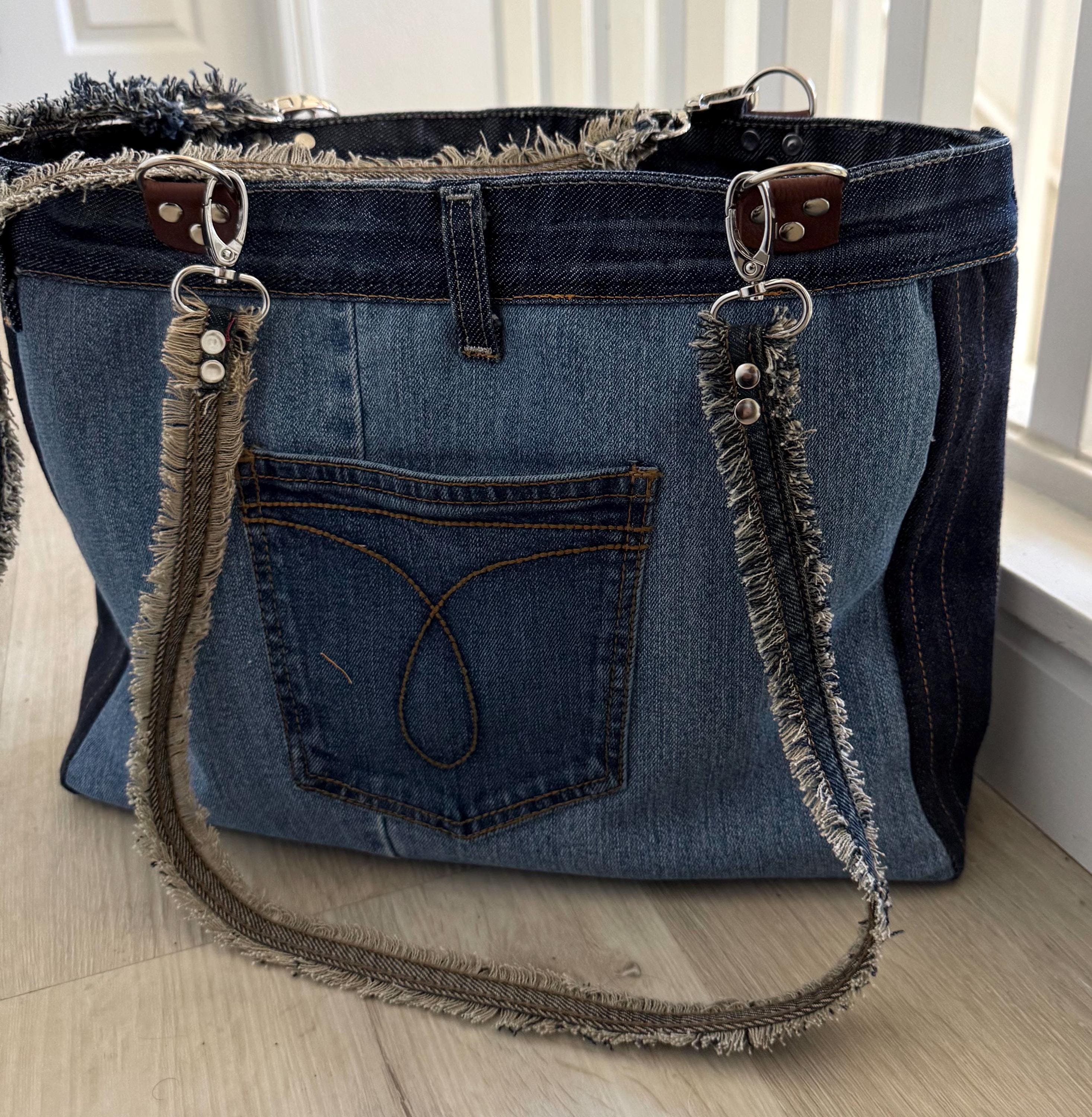 Embroidered Floral Denim Shoulder Bag: Upcycled Patchwork Tote