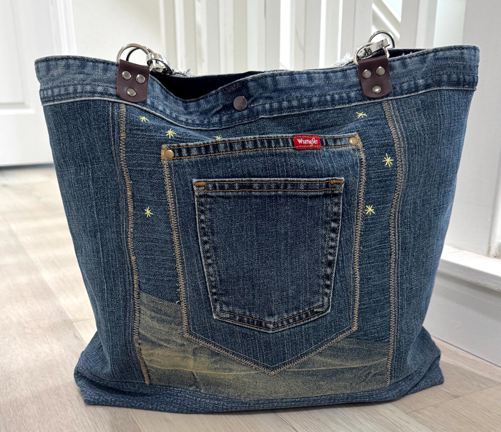 Denim Tote Bag-Handmade One-of-a-Kind  — “Moonlight Village” Patchwork Design by Indigo Threads