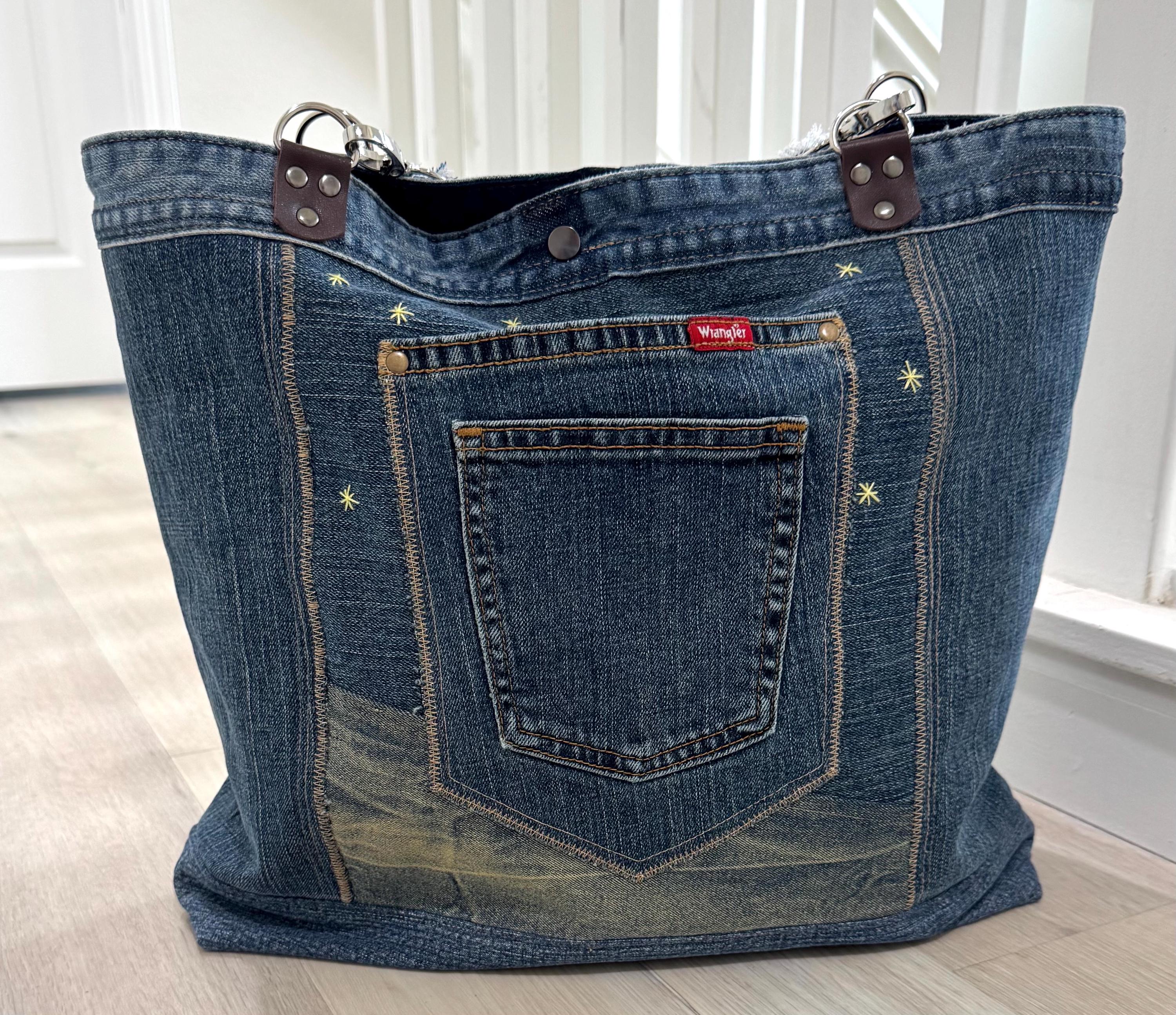 Denim Tote Bag-Handmade One-of-a-Kind  — “Moonlight Village” Patchwork Design by Indigo Threads