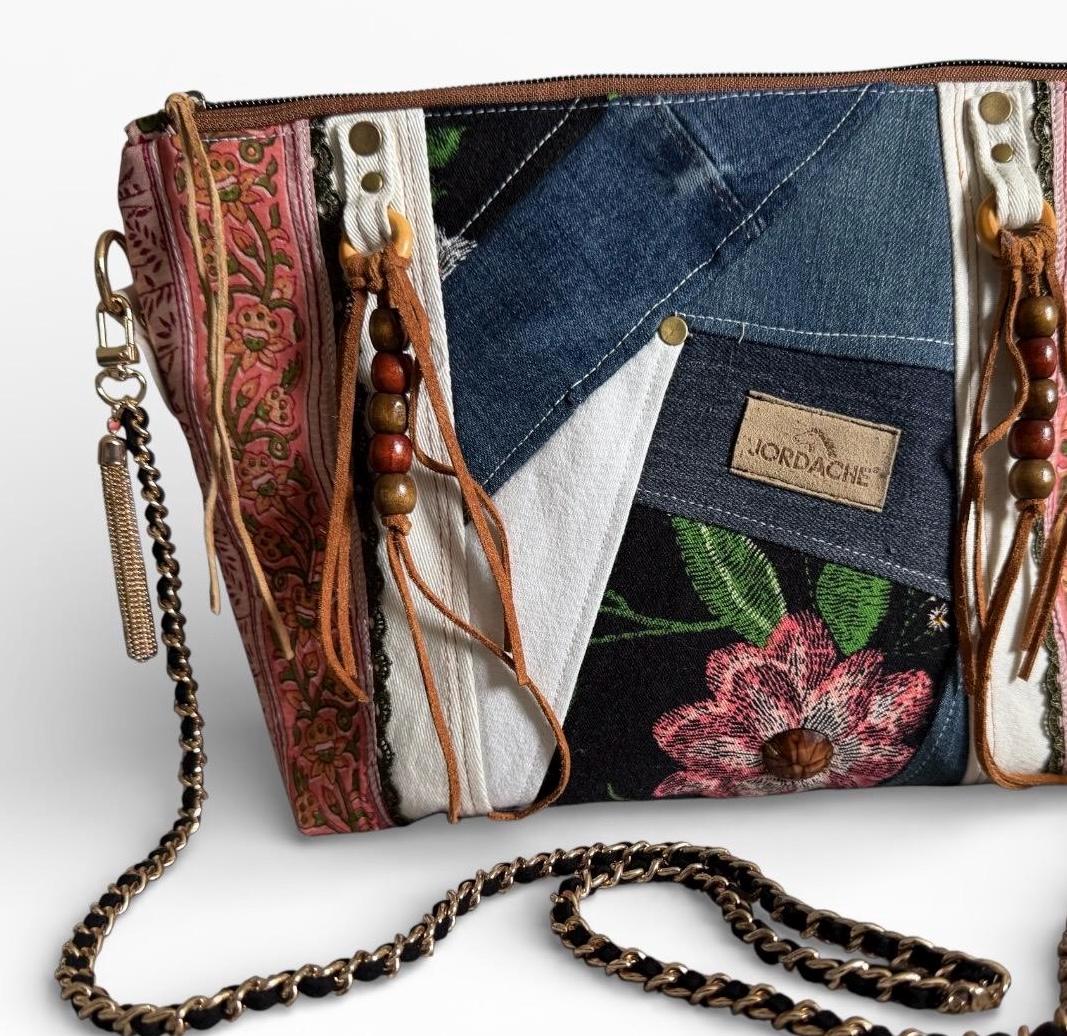 Boho Patchwork Crossbody Bag | Denim and Floral | Chain & Leather Strap