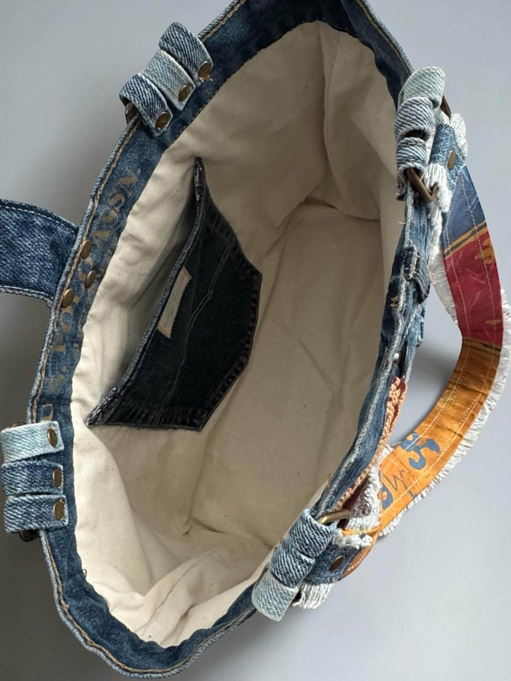 Upcycled Denim Patchwork Shoulder Bag | Leather Bottom Boho Tote Purse