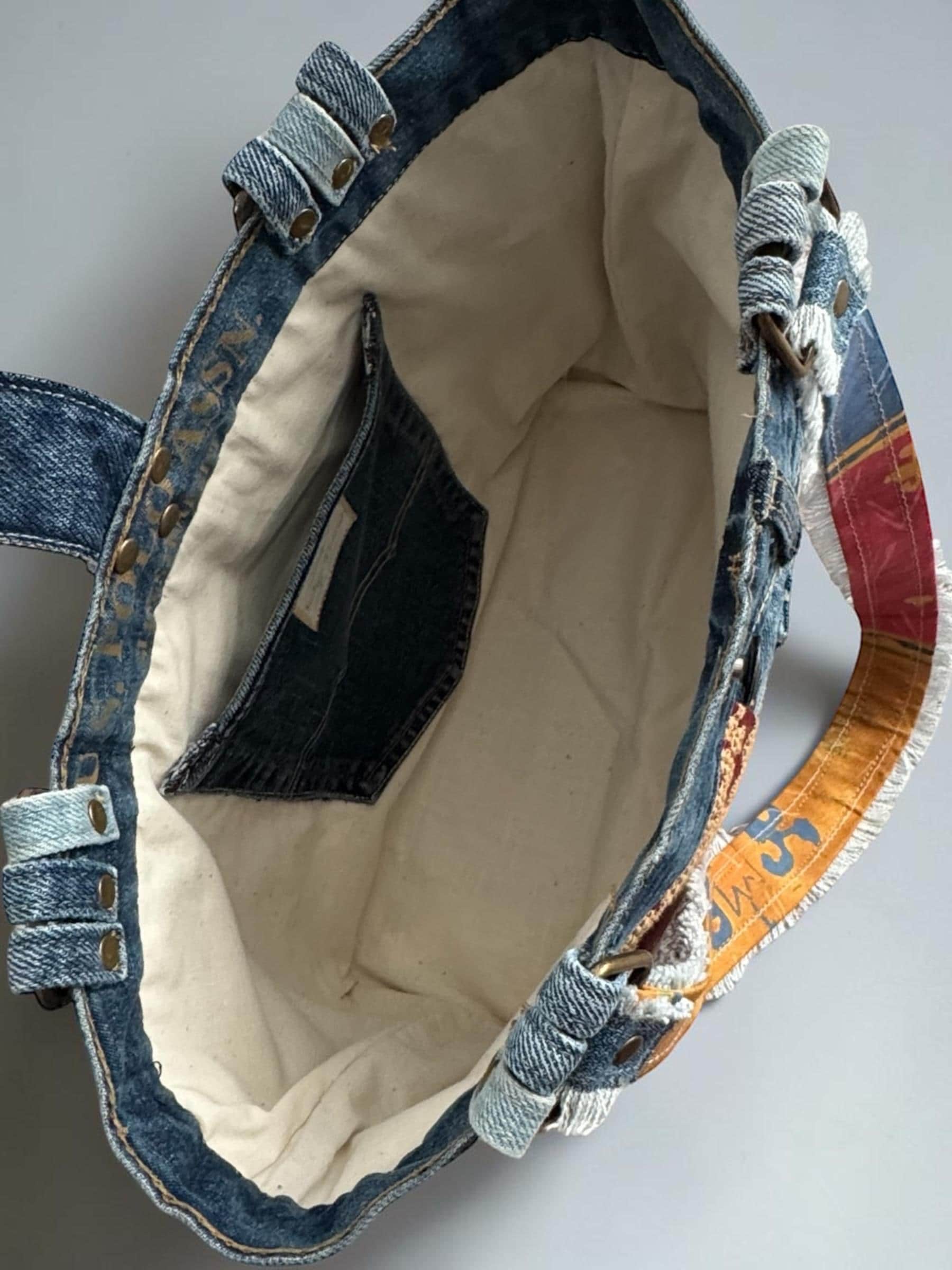 Upcycled Denim Patchwork Shoulder Bag | Leather Bottom Boho Tote Purse