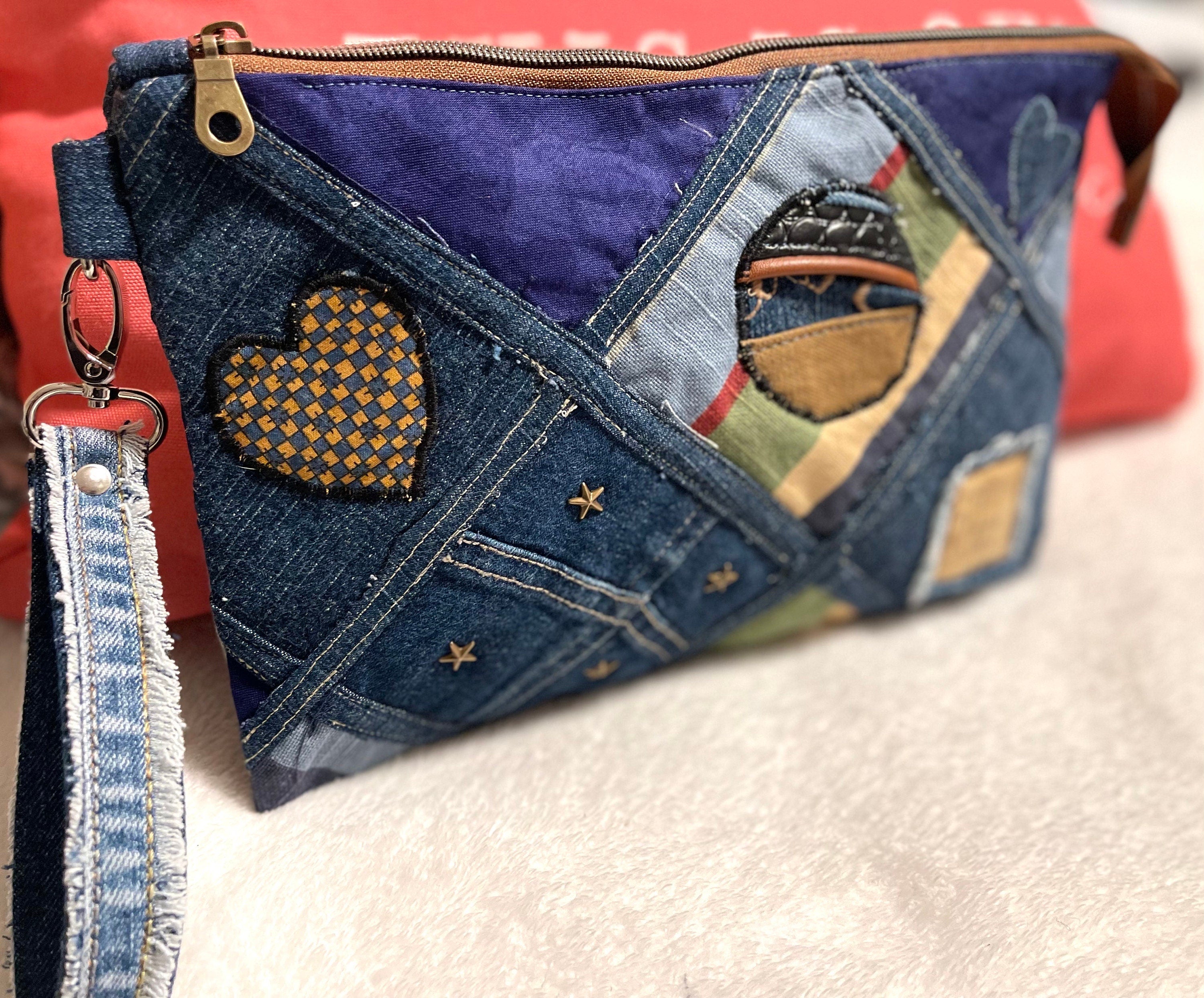 Denim Patchwork Clutch Wristlet: Upcycled Jeans, Boho Chic Bag
