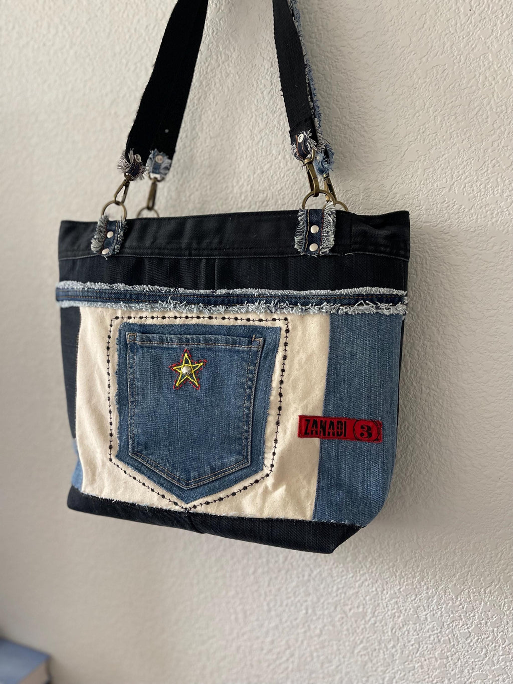 Denim patchwork shoulder bag-tote bag upcycled jeans boho bag