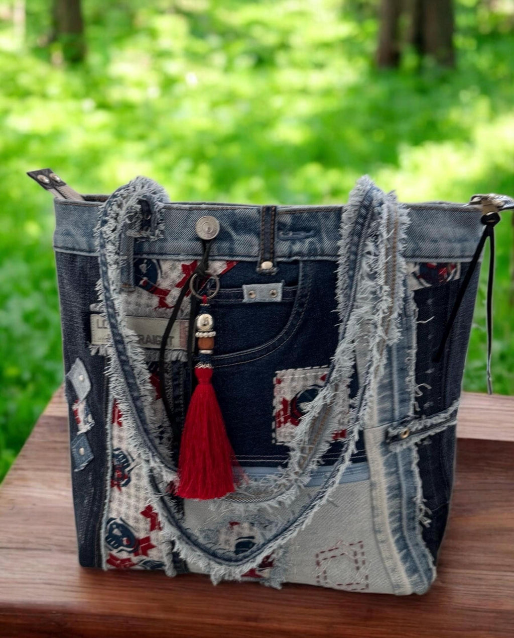 Upcycled Denim Tote: Handmade Skull Patchwork Shoulder Bag