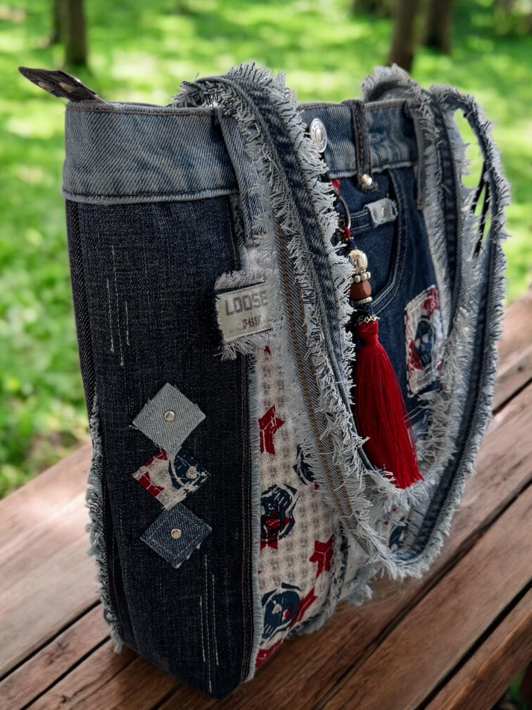 Upcycled Denim Tote: Handmade Skull Patchwork Shoulder Bag