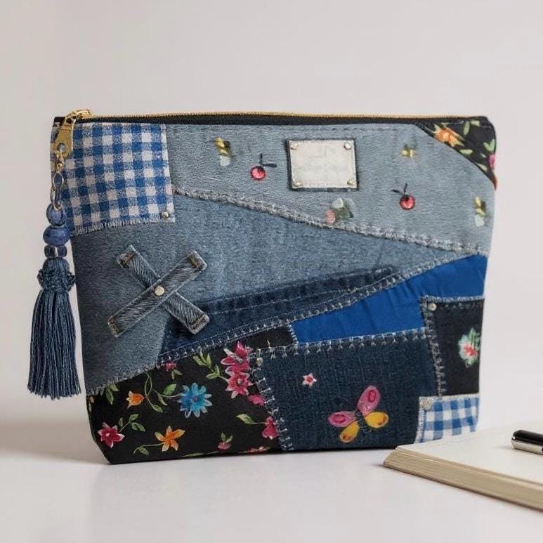 Upcycled Denim Patchwork Handbag, Floral Accents, Sustainable Jean Purse