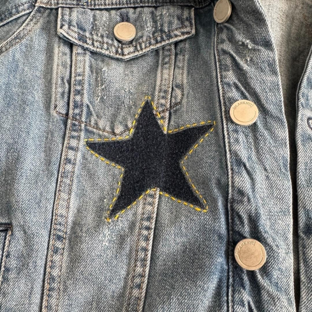 Upcycled Denim Star Patchwork Jacket: Distressed Handmade Jean Jacket - S/M