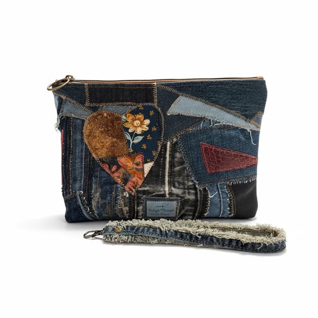 Handmade Upcycled Denim Patchwork Clutch – Boho Heart Appliqué Wristlet