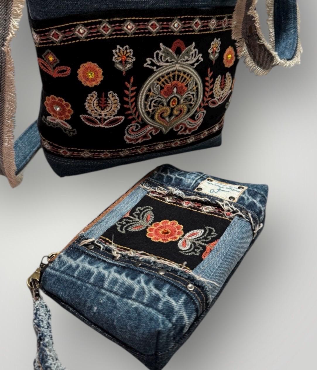 Denim Crossbody Bag with Intricate Embroidered Design | Handmade Shoulder Bag | Boho Folk Style | One-of-a-Kind