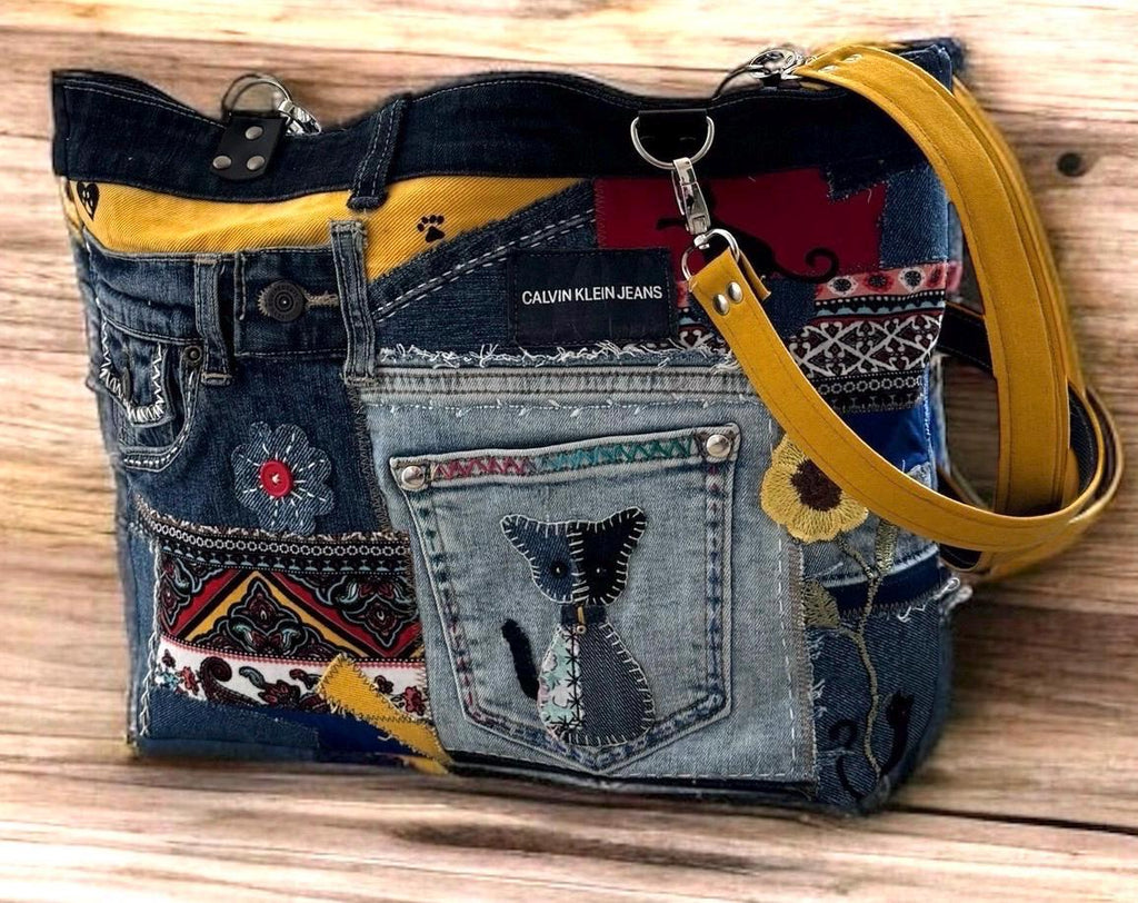 Upcycled Denim Tote Bag: Boho Patchwork with Cat Appliqué